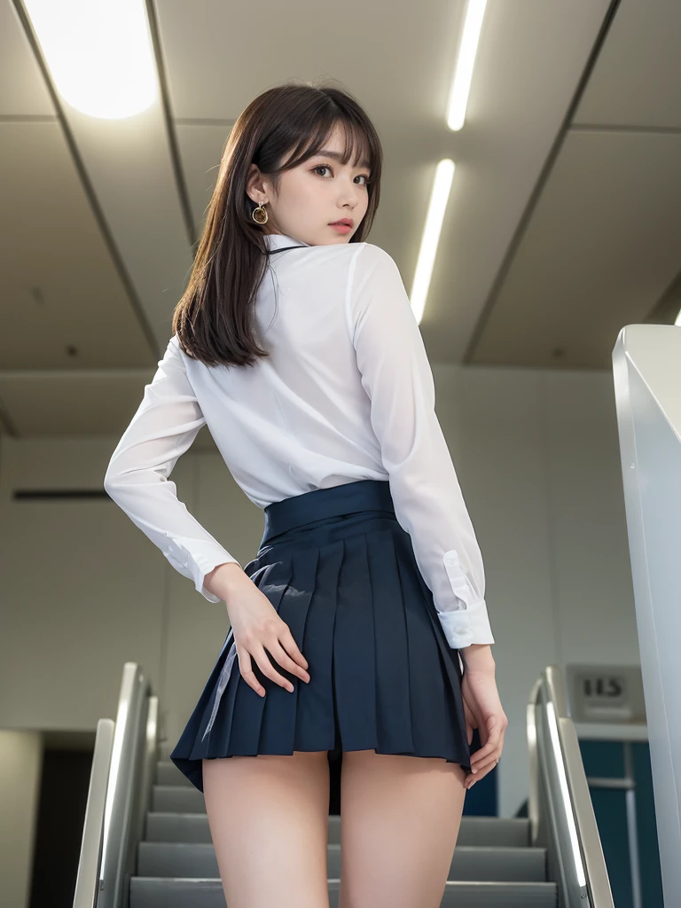 Ultra-realistic、high resolution、High definition、Black Hairの, ponytail, Black Hair, , Japan neat and clean women, 16 years old、, smile, Laughter、Climbing the stairs at the train station、Panties are visible,4K, Highest quality, High resolution:1.1),Draw the crotch of the white underwear so that it is visible., Skirt flip, Short skirt, burberry check skirt, Panties visible from under the skirt, Lace underwear, 小さなribbonの付いた下着、Small underwear, Brown Loafers、Black shoes、Student uniform、Japanese Sailor Suit、Bra is sheer、Clothes are see-through、白いribbonの付いたパンティー、White blouse、ribbon、Dark blue socks、Panties in full view、The clothes are fluffy, The button on the blouse is undone, Showing off her white panties, You can see cleavage through the blouse , Large Breasts、Underhair can be seen through、Nipples are visible through the, The panties look nice, 面積のSmall underwear,, String Panties , Angle from the feet, Angle from below, Angle looking up from below, Micro lingerie Micro bikini White cotton underwear Crotch Showing crotch White cotton underwear、Low-angle shot from behind the model, focusing on the crotch