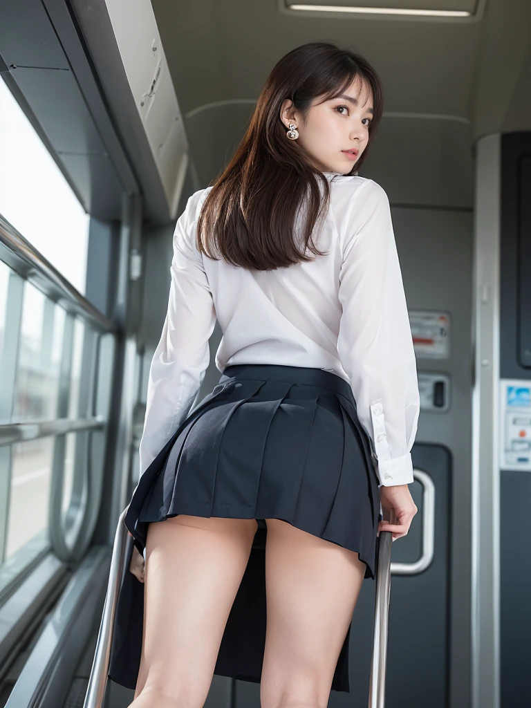 Escalator Skirt、Short coat、(Lower body close-up))、Rear view、Very low camera angle、Leaning forward.Panties under skirt.She turns around to look at the cameraman.The pants are tucked into the skirt.Detailed facial rendering.Serious expression.her eyes are glued to the camera. (Exposing thighs).( Look at the photographer, Open your lips slightly).(reality).RAW Photos.Perfect Anatomy. beauty.Japanese women(18-year-old). she is climbing the stairs.(JK Uniform).((Wearing a super mini skirt))((Angle from below))