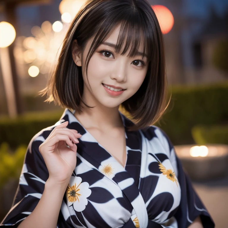 8k,Please redeem,(masterpiece:1.2),(Realistic),(Realistic:1.37),Ultra-high resolution,Female university student 1 person,Fireworks display,night,smile,Beautiful Eyes,(((Cute Yukata))),Perfect body,Perfect fingers,Professional Lighting,gravure,Detailed face and skin textures,fine grain,RAW Photos、Large Breasts、nsfw、