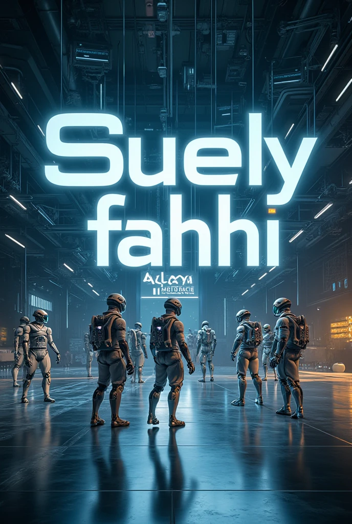 The expression“Suely Farhi está utilizando recursos de AI em sua arte!!!” is written in clean, futuristic text in the top of the image. Robots working in the background