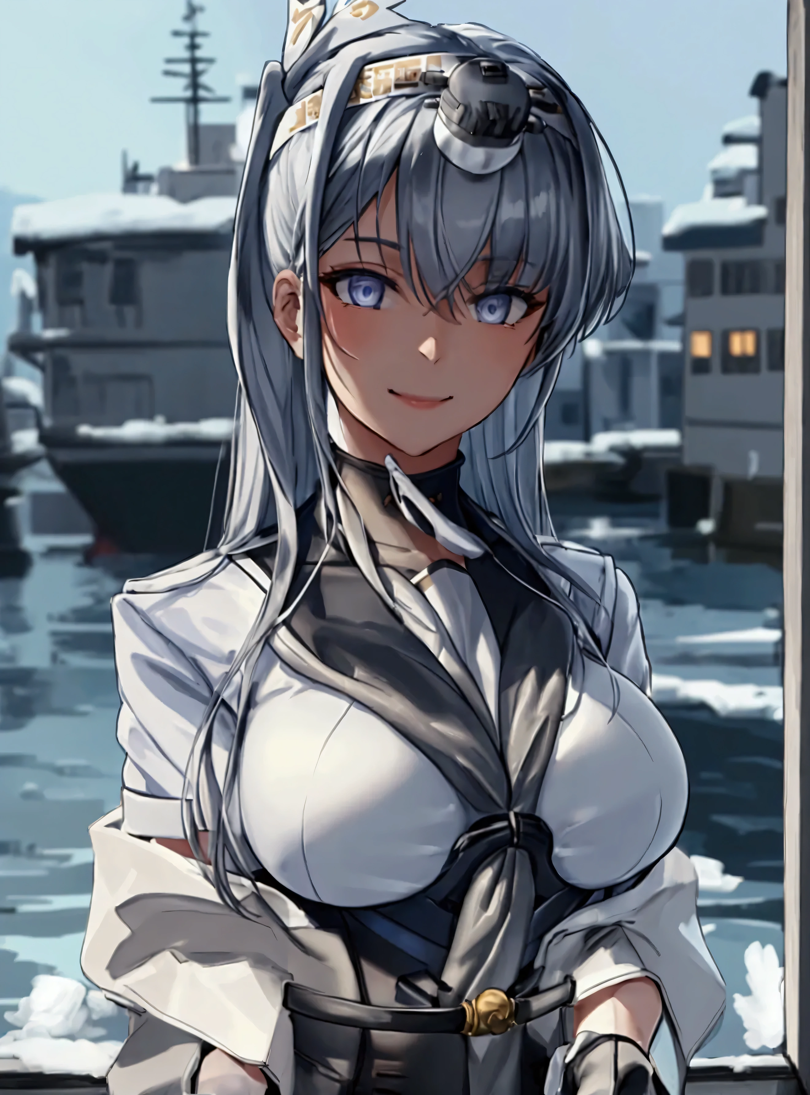 (Super detailed), masterpiece, (Best Quality), Realistic,　Detailed eyes, Detailed face, Fine hair　Kantai Collection_Winter Moon　fuyutsuki \(kancolle\)　Pleated skirt uniform, Sailor suit, Grey neckerchief, Headband, White sailor collar, Black gloves, 白のHeadband, Half Gloves, Big Breasts, Grey Hair, Micro Skirt, Short sleeve, Black knee-highs　Standing posture　Office　View here　smile