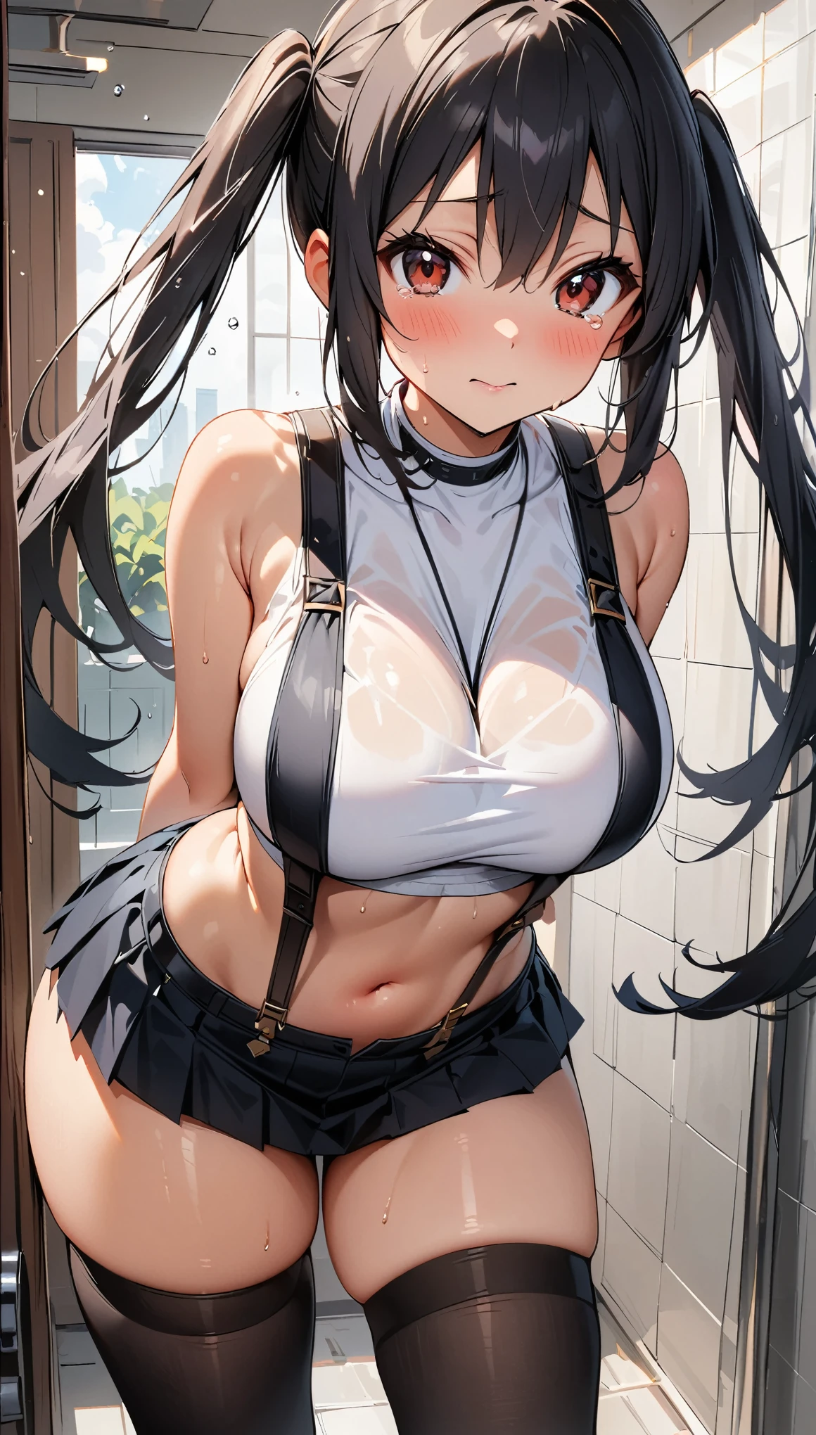 anime girl，long black hair，white shirt and tie,((black and white portrait))Smile,sexy pose，cleavage，，sling，sling，bikini，underwear，A thousand flavors，Wet，kneeling，leg wide open，Cock your ass，decorate。station，Pretend，Exposed clothing，Off the shoulders，