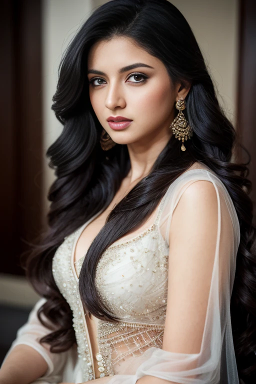 Portrait of A confident-looking indian woman, royal princess with long flowing hair, hazel eyes, wearing saaree, sitting in saloon, back ground big saloon, twilight time, camp fire framing, bokeh, perfect composition, hyperrealistic, super detailed, 8k, high quality, trending art, trending on artstation, sharp focus, photo , intricate details, highly detailed, art by greg rutkowski