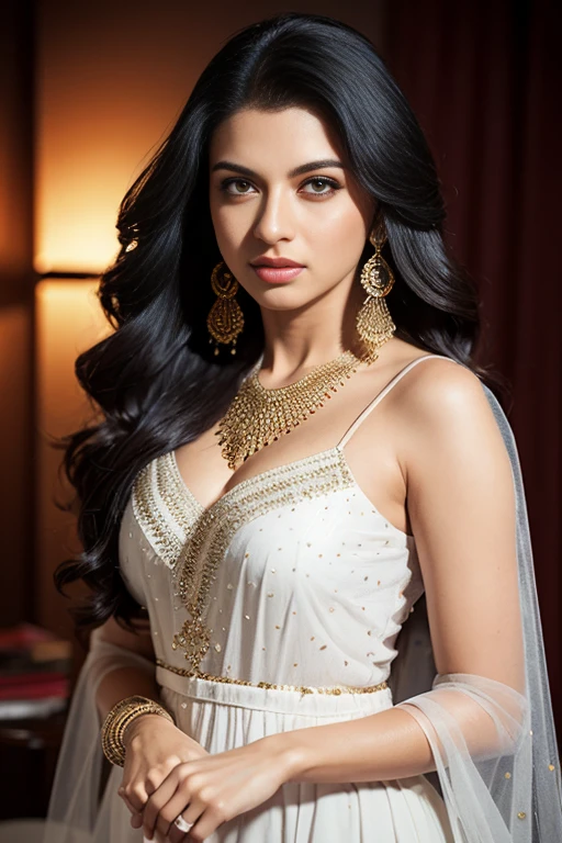 Portrait of A confident-looking indian woman, royal princess with long flowing hair, hazel eyes, wearing saaree, sitting in saloon, back ground big saloon, twilight time, camp fire framing, bokeh, perfect composition, hyperrealistic, super detailed, 8k, high quality, trending art, trending on artstation, sharp focus, photo , intricate details, highly detailed, art by greg rutkowski