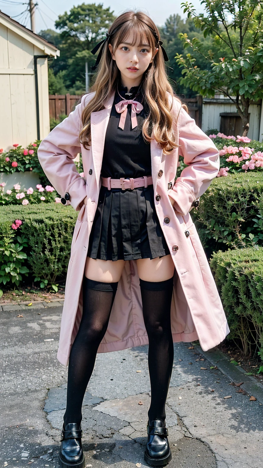 (8k、RAW Photos、highest quality、masterpiece:1.2)、(Realistic、Realistic)、1 girl、((Pink Coat、Blonde、Black Mini Skirt、Ribbon on chest、Knee socks、Big Breasts、whole body、garden、View from the front、Looking into the camera、Standing with one hand on one hip))、