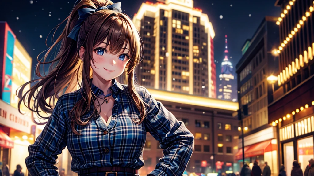 1girl, solo, christmas, ((christmas tree)), street, night, lights, snow, long hair, brown hair, curly hair, ponytail, large full breasts, ((brown leather jacket)), button down shirt, dark blue eyes, ((blue shirt)), ((unbuttoned shirt)), ((long skirt)), smile, ((unbuttoned shirt)), unbuttoning buttons, cleavage 1:3, looking at the viewer, standing, hair ribbon, golden necklate