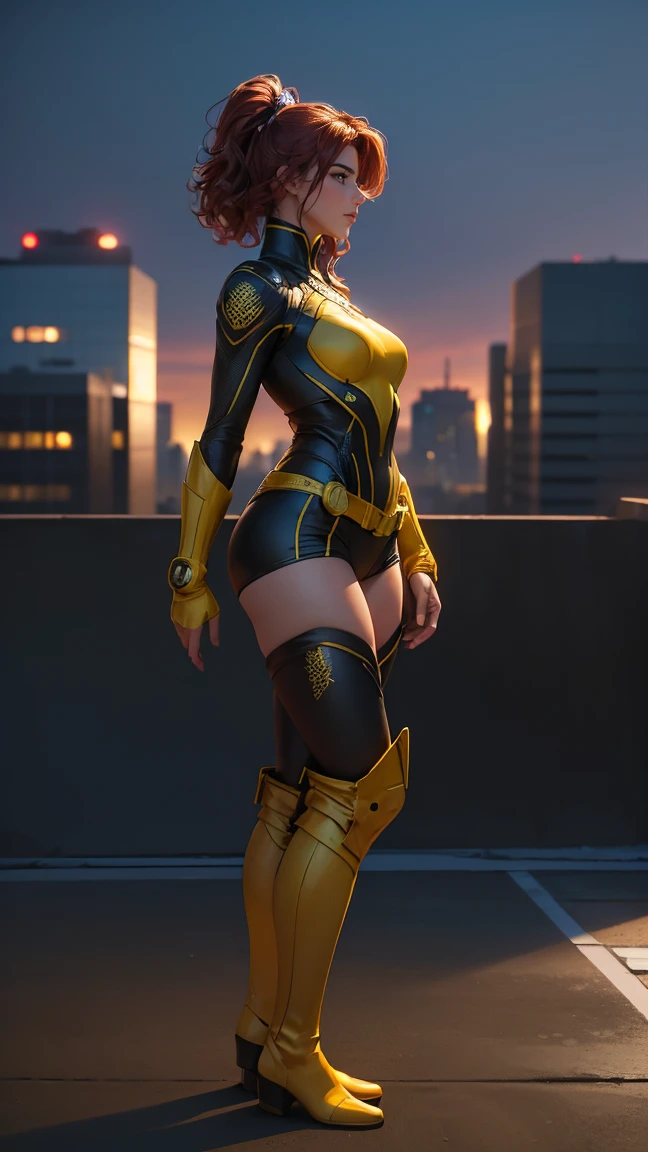 ((full body photo, Standing, feet on the ground)) (best quality,4K,8k,high resolution,masterpiece:1.2),ultra-detailed profile picture,(realistic,photorealistic,photorealistic:1.37),full body shot,On your own,X-Men,yellow knee high boots,beauty pose, Standing tall, [show your feet, outside, City rooftop at night, green headband