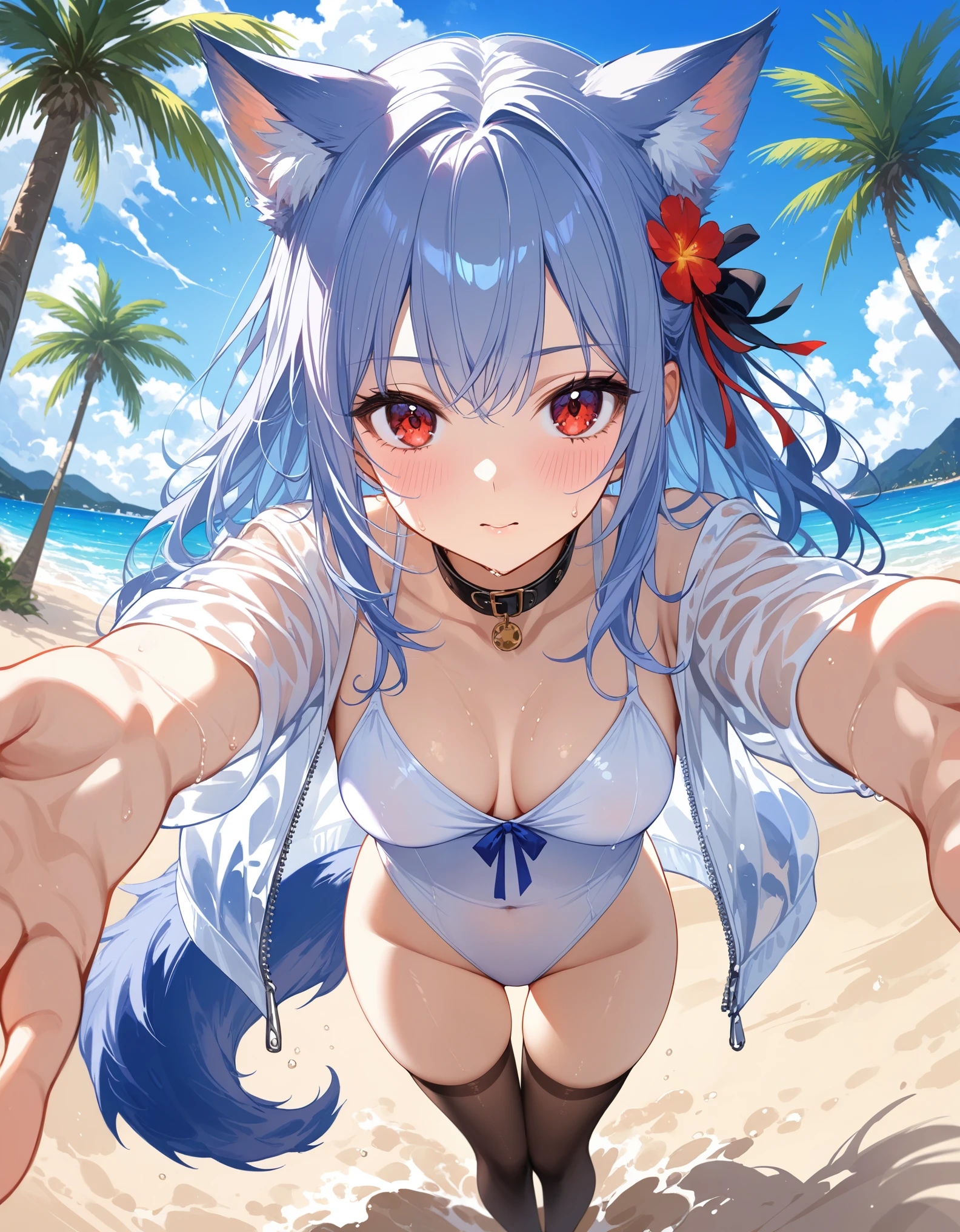 (red cat eyes)、独奏,Silver hair、(twin tail hair:1.5)、（DEMON horns）、Japanese Feng Shui、Summer Sea、Sandy Beach、criss-cross halter,underboob, 比基尼、Hot and tired face、