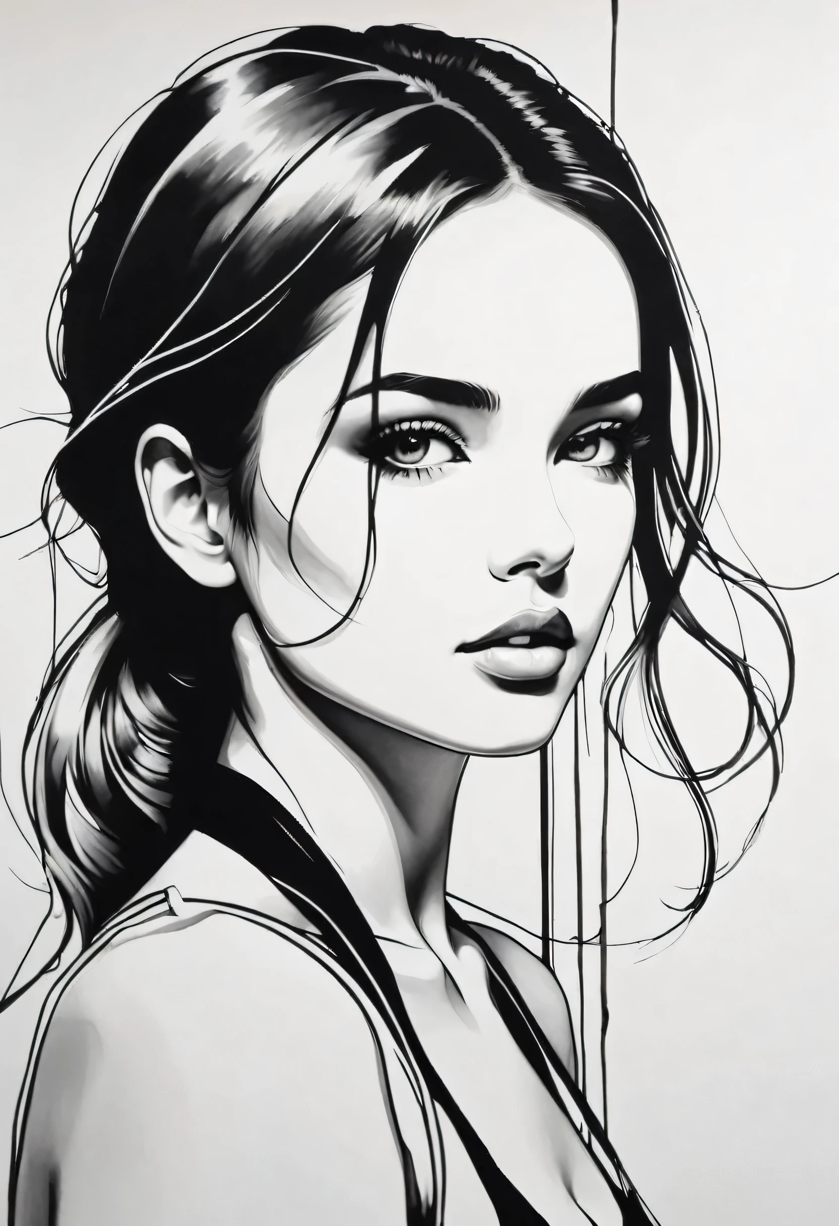 girl，black and white painting，Outlined with black ink，smooth lines，The girl&#39;s expression and posture are shown through the contrast of ink，The background is minimalist，Emphasis on light, shadow and space，Lots of white space，Use thick and light inks to create light and dark changes and layers，Choose the right ink color，Such as deep black、Thick gray、Light coffee, ETC，express different situations and atmospheres，Control the gradient and transition of ink color through the humidity and consistency of the ink，black and white tones， Chinese Traditional Ink Painting, Chinese traditional art, ink painting, China Ink Painting, Chinese painting style