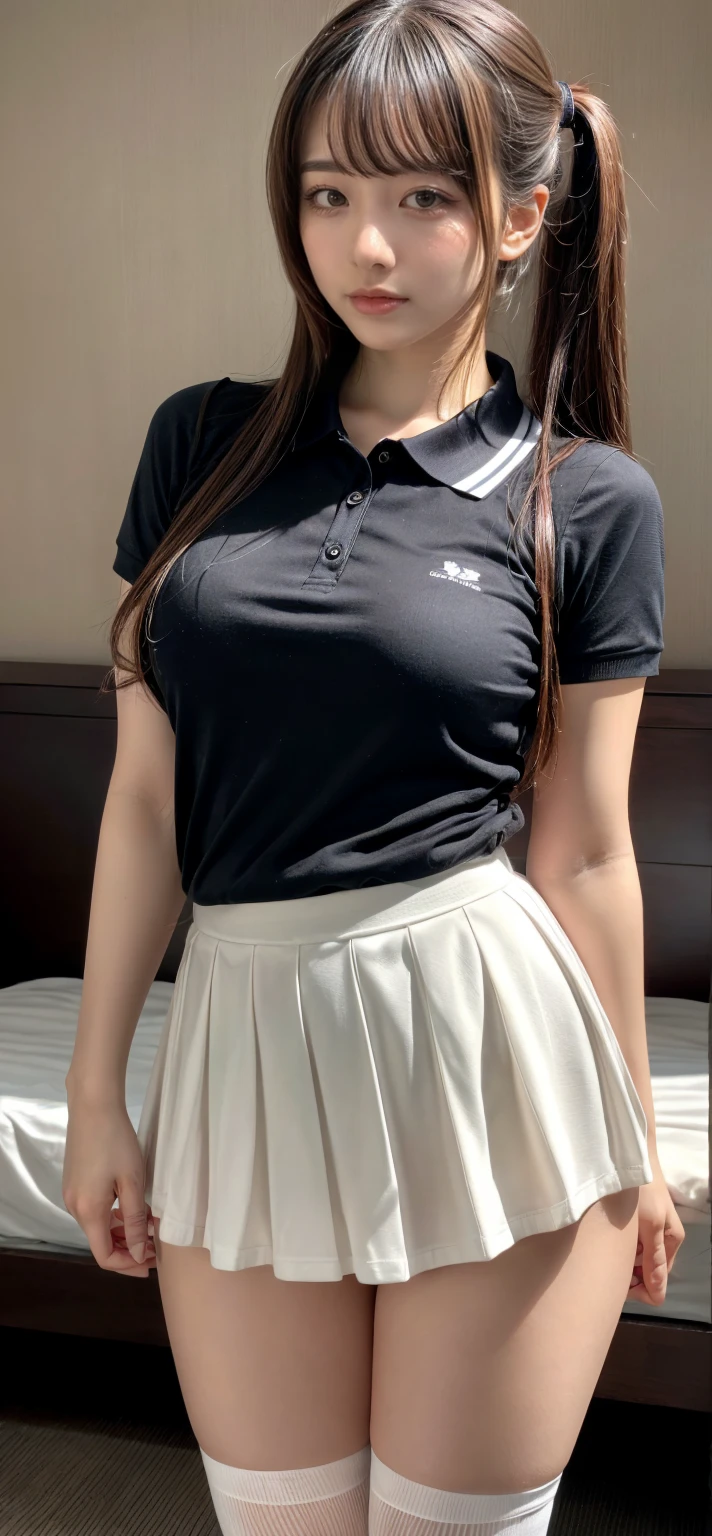 masterpiece, best quality, illustration, Super detailed, fine details, High resolution, 8K,wall paper, perfect dynamic composition,(Details High quality, realistic depiction of eyes:1.3), (Fashionable, with soft pastel colors, black skirt, pernas nu, camisa polo preta, uniform soccer, ambiente urbano), straight hair, large breasts, black hair color, Big Natural Color Lip, (perfect body shape), crying a little、Harajuku style、20 year old girl、cute type、lolita、beautiful legs, hotel room, Gravure Idol