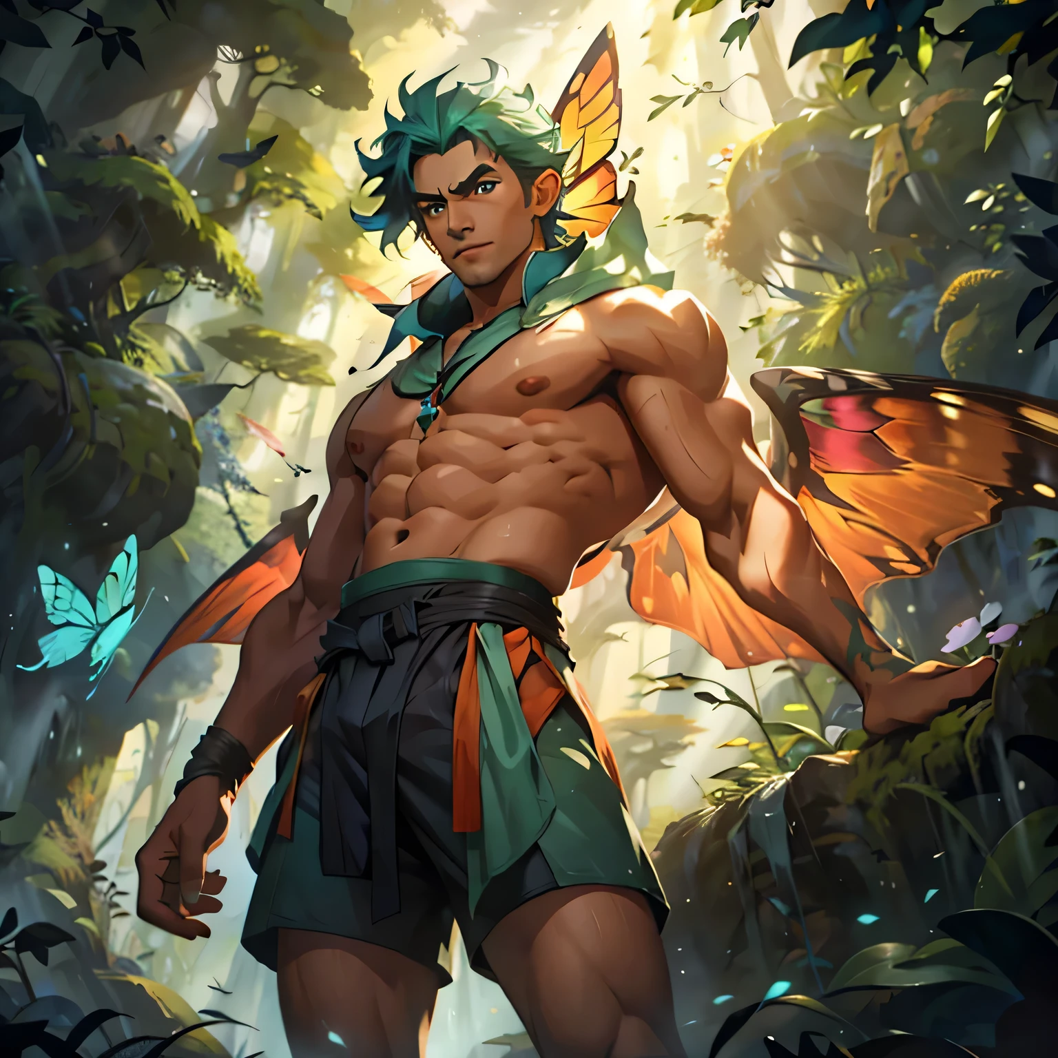 a man in his twenties, tanned skin, blue eyes, mint green curly hair, beautiful angelic beauty, perfect body, he is in a forest with giant trees, he is wearing a cloak similar to magical orange butterfly wings, he is with a compressed body shorts clinging like a butterfly wing, sexy dynamic pose, HD 4K image.