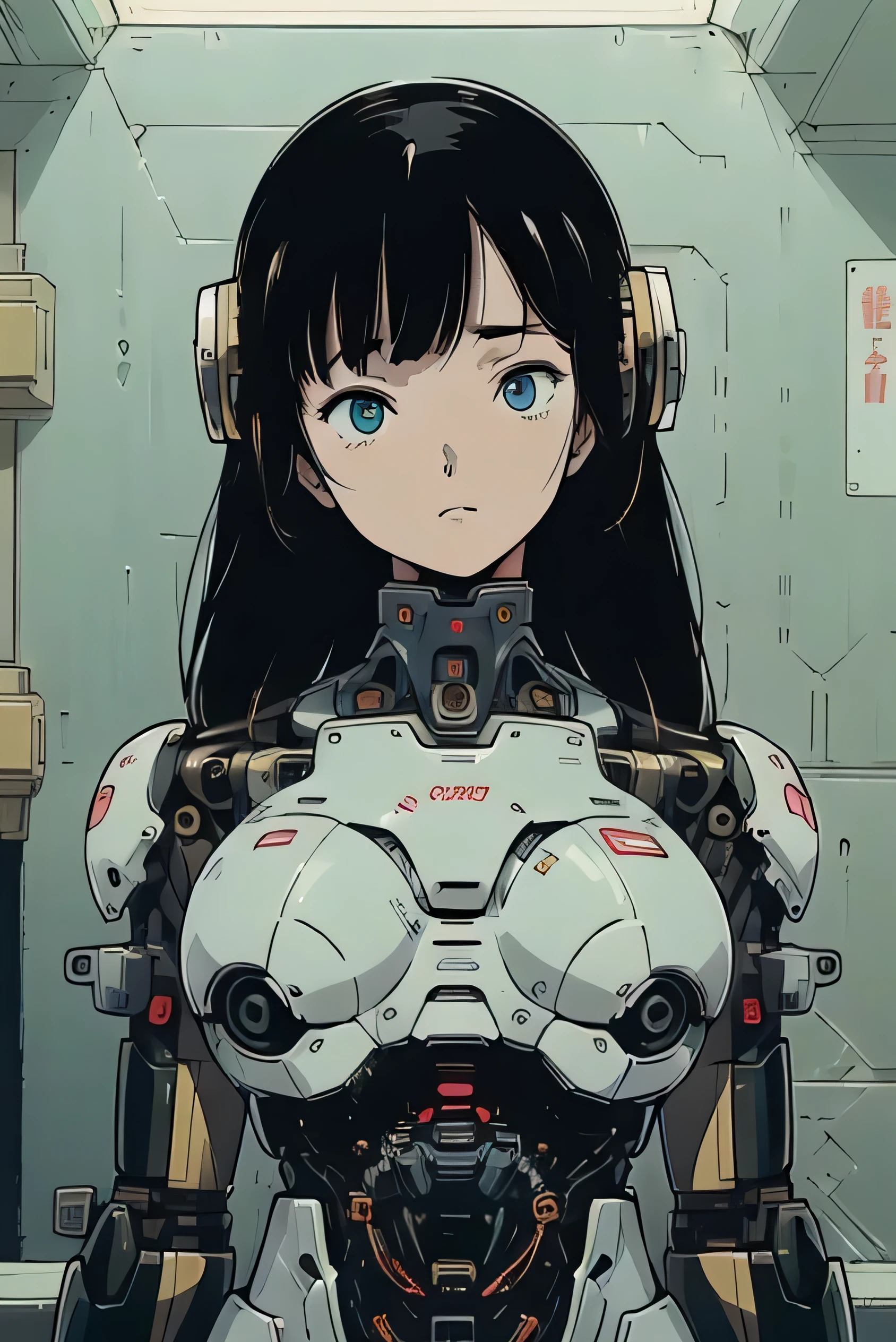 masterpiece, best quality, extremely detailed,  Japaese Cyborg girl,Plump , control panels,android,Droid,Mechanical Hand, Robot arms and legs, Black Robot Parts,Black hair,Mechanical body,Blunt bangs,White robotics parts,perfect robot girl,future information counter,reception,long tube,thick cable connected her neck,ceramic body ,mechanical body,mechanical costume,android,robot,humanoid,cyborg,information office,japanese android receptionist ,mechanical chest,blue eyes,