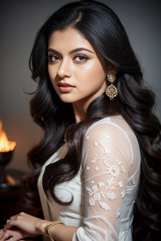 Portrait of A confident-looking indian beautiful actress keerthi suresh, royal princess with long flowing hair, hazel eyes, wearing saaree, sitting in saloon, back ground big saloon, twilight time, camp fire framing, bokeh, perfect composition, hyperrealistic, super detailed, 8k, high quality, trending art, trending on artstation, sharp focus, photo , intricate details, highly detailed, art by greg rutkowski