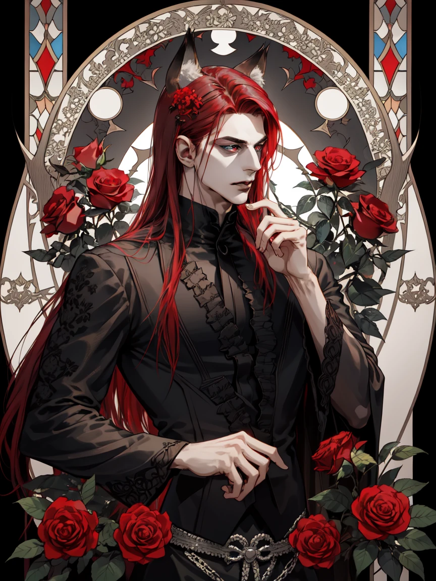 1boy, Basic Art Nouveau，Demi-human wolf man with crimson hair and blue eyes，long hair, wolf ears and tail,（Upper body portrait），young，(((Oval face)))，Dark clothing，Soft and melancholy face，Beautifully，No wrinkles，Gothic style，Synthwave meets Art Nouveau，Bold and smooth lines，Dynamic composition of organic Art Nouveau patterns，Intricate red roses and patterns intertwined with geometric shapes，Character that embody wolf demi-human Mysterious Gothic atmosphere，masculine but calm expression，Art Nouveau pattern suit，Digital grid landscape with natural forms，Neon-like outline effect reminiscent of stained glass，White background，High contrast，Easy to color，visual clarity，French Art Nouveau，80s vaporwave art style。Maximum details，