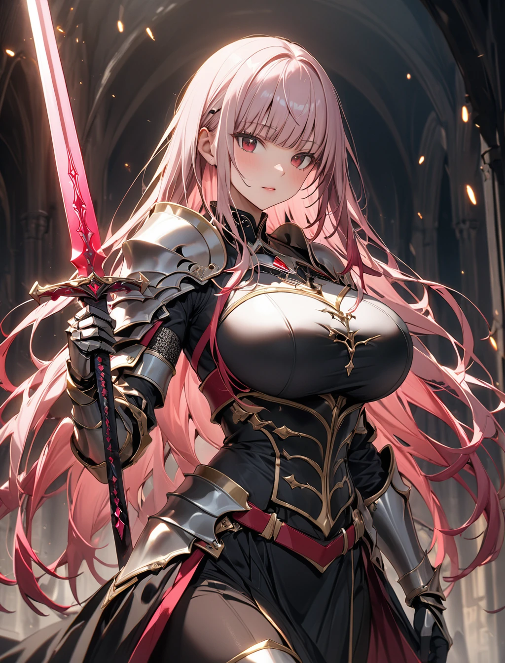 (1girl, (mori calliope:1.5), pink hair, long hair, dark red eyes, (Huge breasts:1.2), The best valley, slender body, (ho****ve)), (Masterpiece: 1.3), best quality, (Maximum Resolution: 1.2), ultra-detailed, cinematic, details, vibrant colors, dramatic lighting, Perfect Beautiful Face, Perfect Beautiful Proportioned Body, (Detailed Eyes and Skin), (Detailed Facial Features), Accurate and Anatomically Correct Face and Body Balance,(Dark Knight girl:1.3), (Dark Knight's Shiny Silver Armor:1.6), Cool and stylish, (Shiny metal expression:1.2), (Specular Reflection Coating:1.2), Attractive female knight, Alone, (Holding a dark long sword in hand:1.5), (shining sword), Knight Commander, Strong and fleeting eyes, Functional, Divine Protection, mysterious, (full body:1.5), (fighting pose),