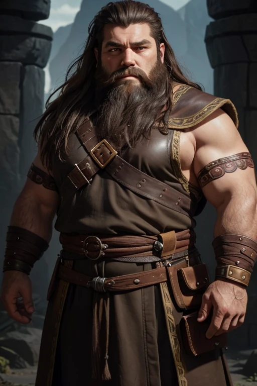 Dwarf with a long, thick, brown beard, that spreads across his chest in wild strands. His dark eyes are deep. He wears a dark leather tunic, decorated with subtle runic patterns, and a simple silver belt, but robust, who holds a small tool bag at his waist.