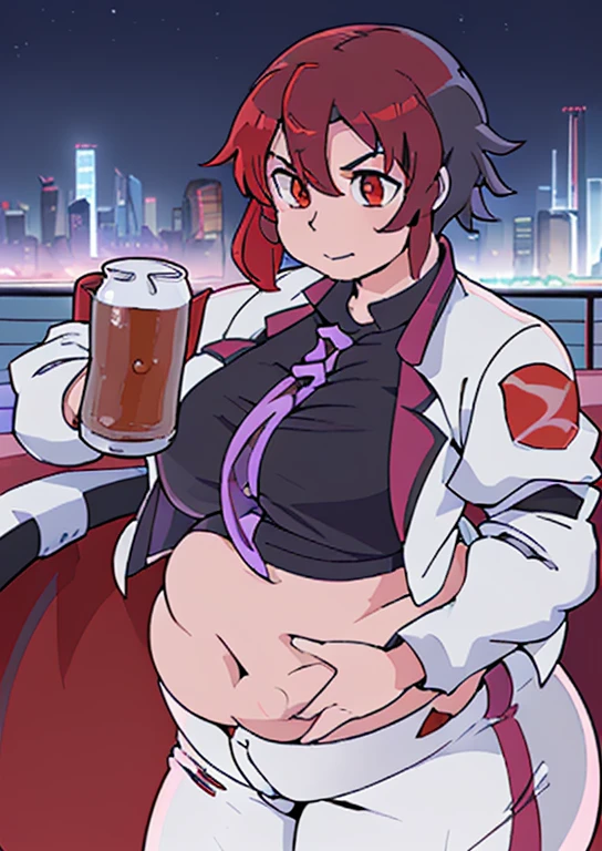 ((best quality, 4k, 8k, anime girl, masterpiece)), ((((beautiful extremely detailed face)))), (((beautiful eyes, red eyes))), cinematic lighting, ((perfect anatomy)), (((chubby, SSBBW, tall, thick legs, ultra thick, (((huge beer belly, round belly, huge bulging belly, extremely thick belly, smooth belly))), wide breasts))), (full body view), ((thick outlines, anime style, neon colours)), (((raiko horikawa))), (((white jacket, long pants, dark gray shirt, necktie))), (((vibrant red hair, short hait, bangs))), sharp smile, (city lights, bridge, fence),