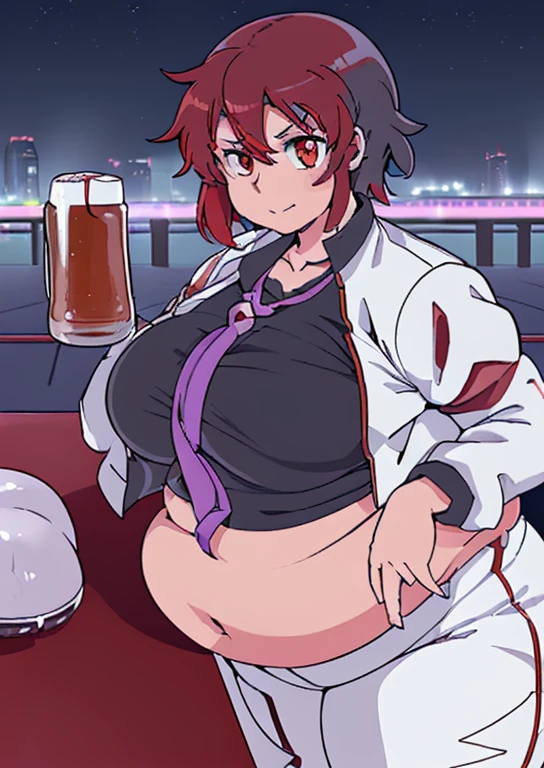 ((best quality, 4k, 8k, anime girl, masterpiece)), ((((beautiful extremely detailed face)))), (((beautiful eyes, red eyes))), cinematic lighting, ((perfect anatomy)), (((chubby, SSBBW, tall, thick legs, ultra thick, (((huge beer belly, round belly, huge bulging belly, extremely thick belly, smooth belly))), wide breasts))), (full body view), ((thick outlines, anime style, neon colours)), (((raiko horikawa))), (((white jacket, long pants, dark gray shirt, necktie))), (((vibrant red hair, short hait, bangs))), sharp smile, (city lights, bridge, fence),