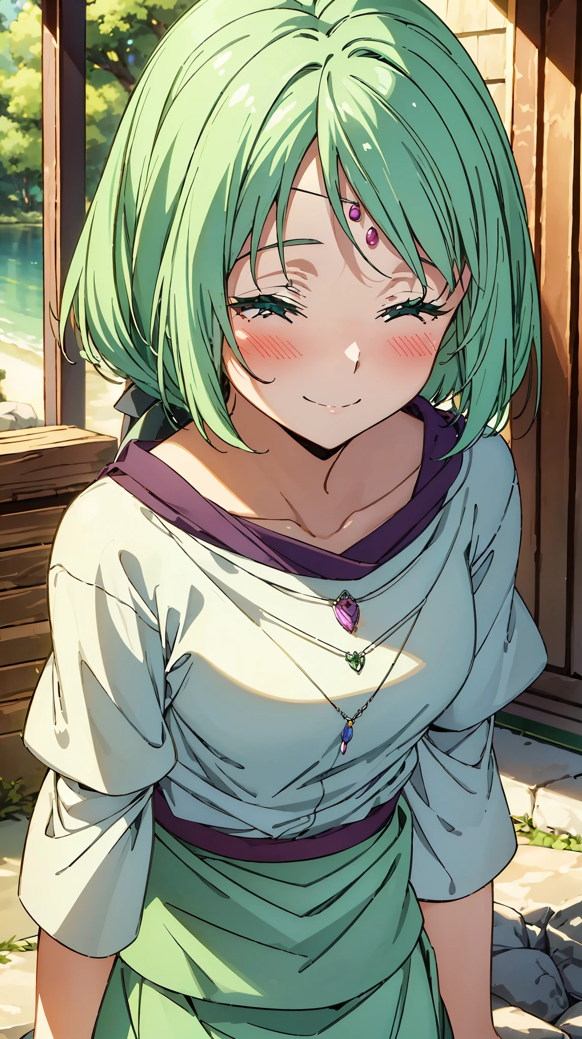 16K、masterpiece、High resolution、((Myulan))、Medium chest、Green Hair、(short hair)、((Summer clothes、White long skirt))、blush、smile、(Angle from below)、