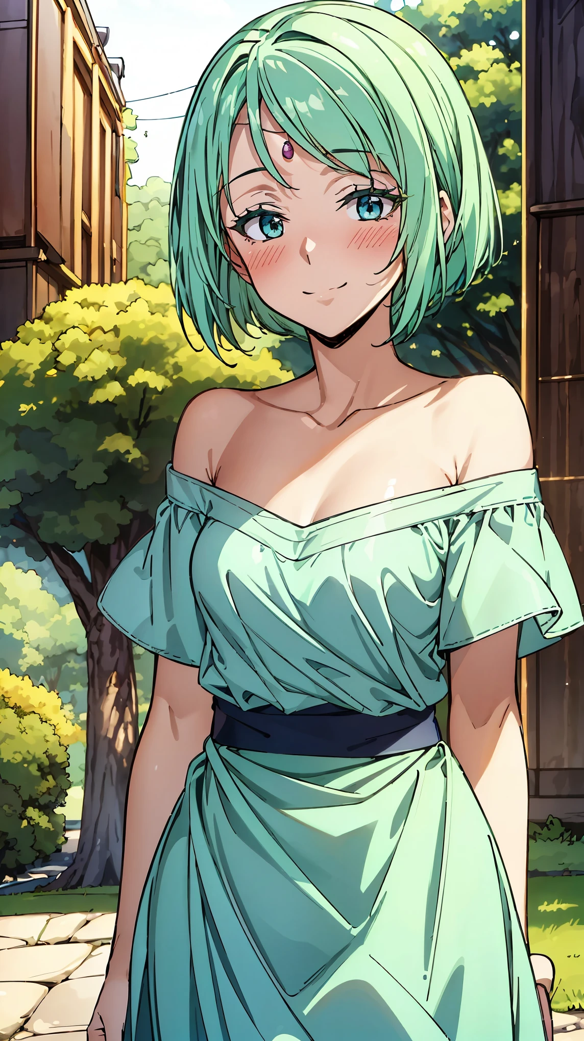 16K、masterpiece、High resolution、((Myulan))、Medium chest、Green Hair、(short hair)、((Summer clothes、White long skirt))、blush、smile、(Angle from below)、