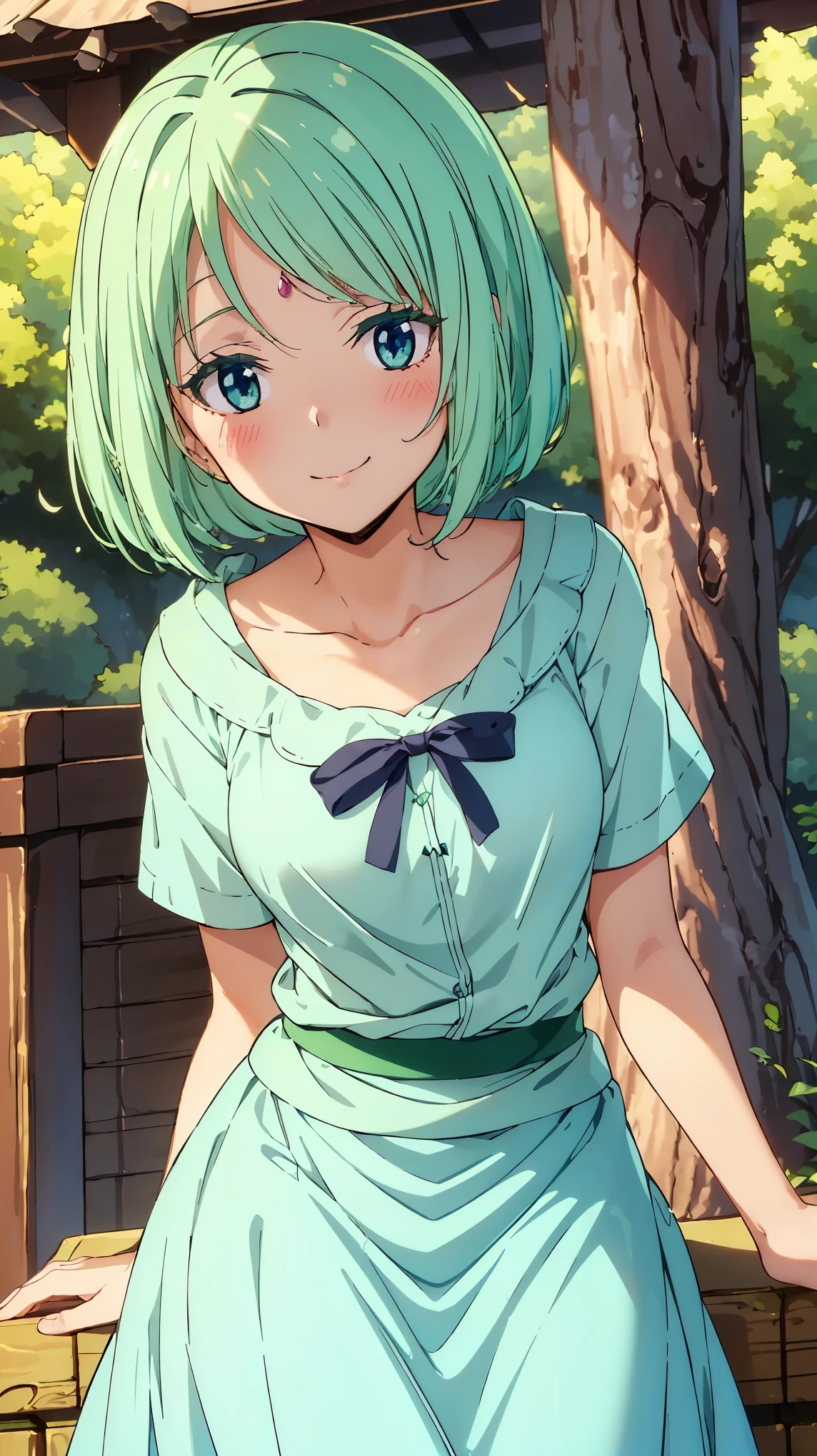 16K、masterpiece、High resolution、((Myulan))、Medium chest、Green Hair、(short hair)、((Summer clothes、White long skirt))、blush、smile、(Angle from below)、