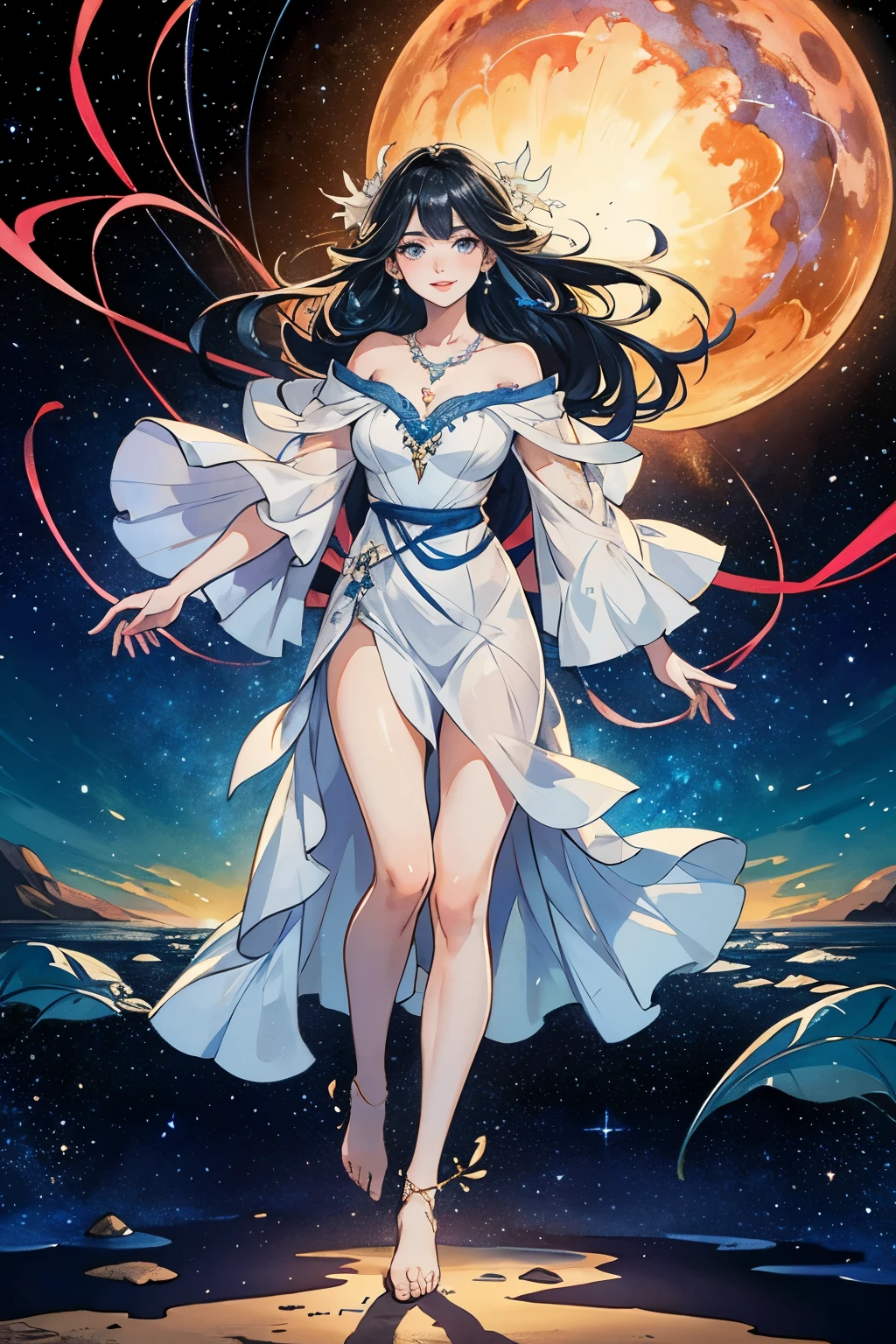 a picture of an exquisite beautiful female vampire standing under the starry night sky on the porch of her castle, dynamic angle (ultra detailed, Masterpiece, best quality), ultra detailed face (ultra detailed, Masterpiece, best quality), ultra feminine, dark skin, black  hair, wavy hair, dynamic eyes color, cold eyes, glowing eyes, intense eyes, dark red lips, fangs, wearing white dress, elegant style dress (ultra detailed, Masterpiece, best quality), wearing blue cloak (ultra detailed, Masterpiece, best quality), long cloak, flowing cloak (ultra detailed, Masterpiece, best quality), wearing high heeled boots, sky full of stars background, moon, bats flying about, high details, best quality, 8k, [ultra detailed], masterpiece, best quality, (ultra detailed), full body, ultra wide shot, photorealism, dark fantasy art, dark fantasy art, gothic art, many stars, dark fantasy art, gothic art, sense of dread,