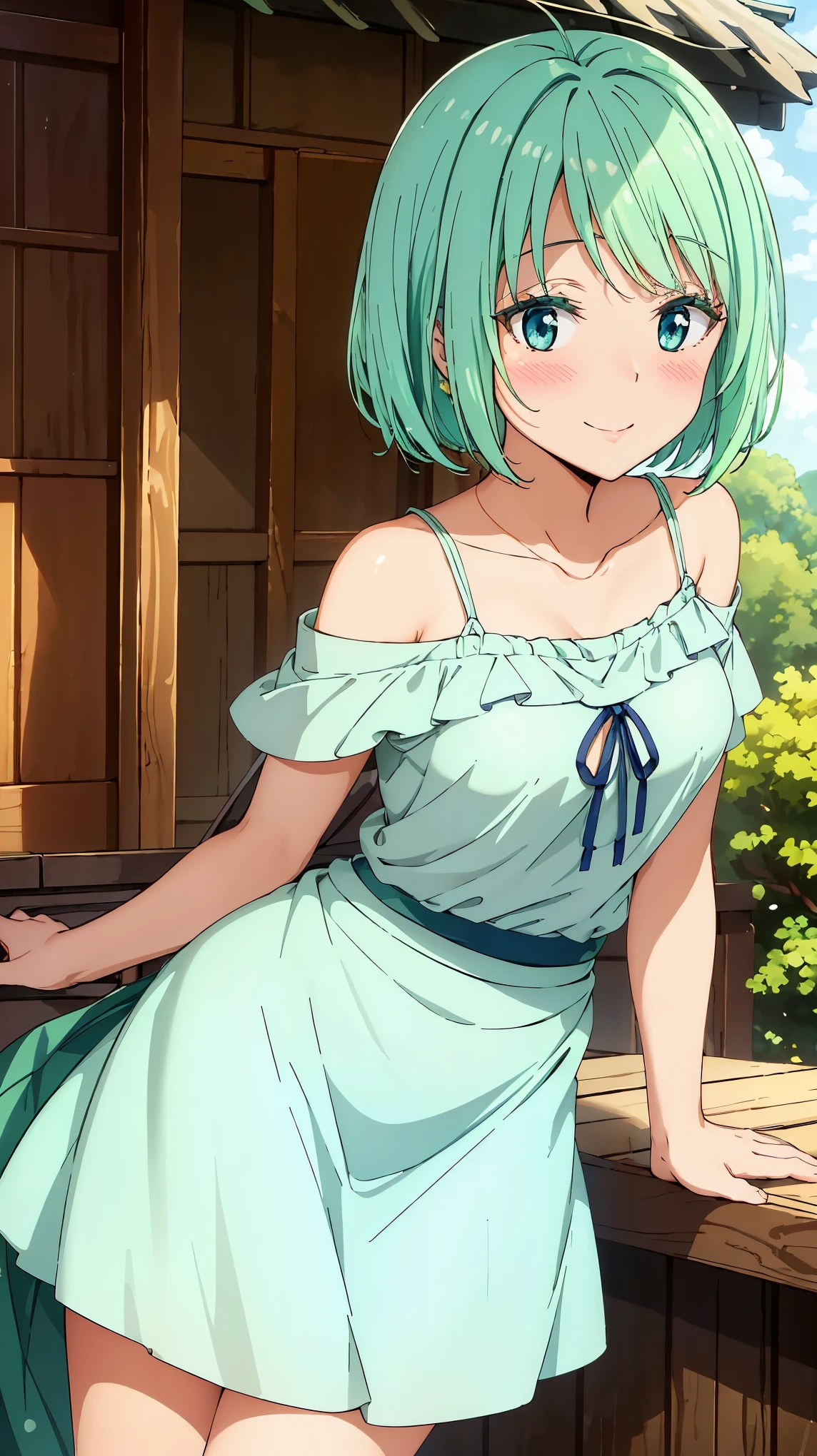 16K、masterpiece、High resolution、((Myulan))、Medium chest、Green Hair、(short hair)、((Summer clothes、White long skirt))、blush、smile、(Angle from below)、