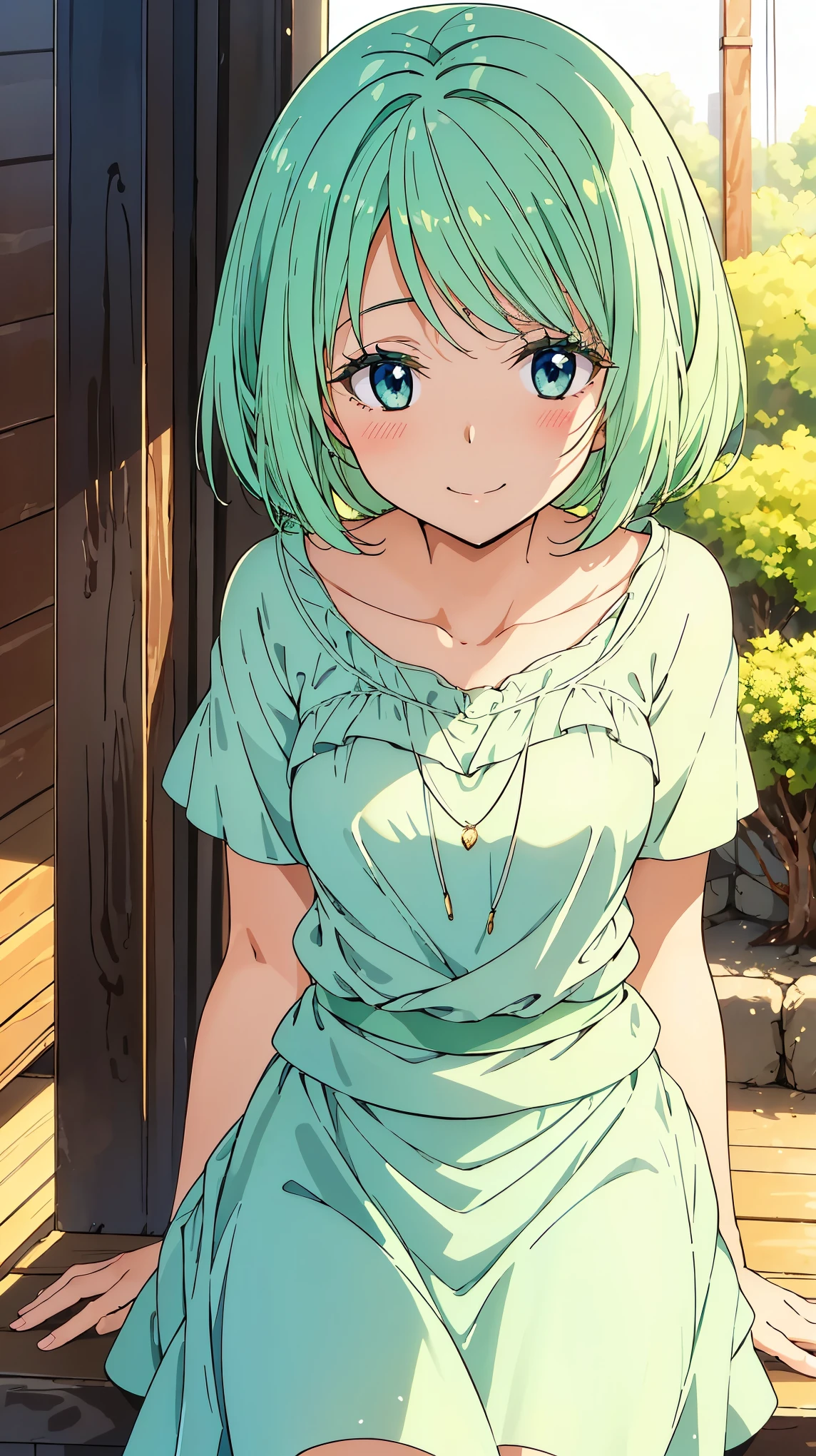 16K、masterpiece、High resolution、((Myulan))、Medium chest、Green Hair、(short hair)、((Summer clothes、White long skirt))、blush、smile、(Angle from below)、