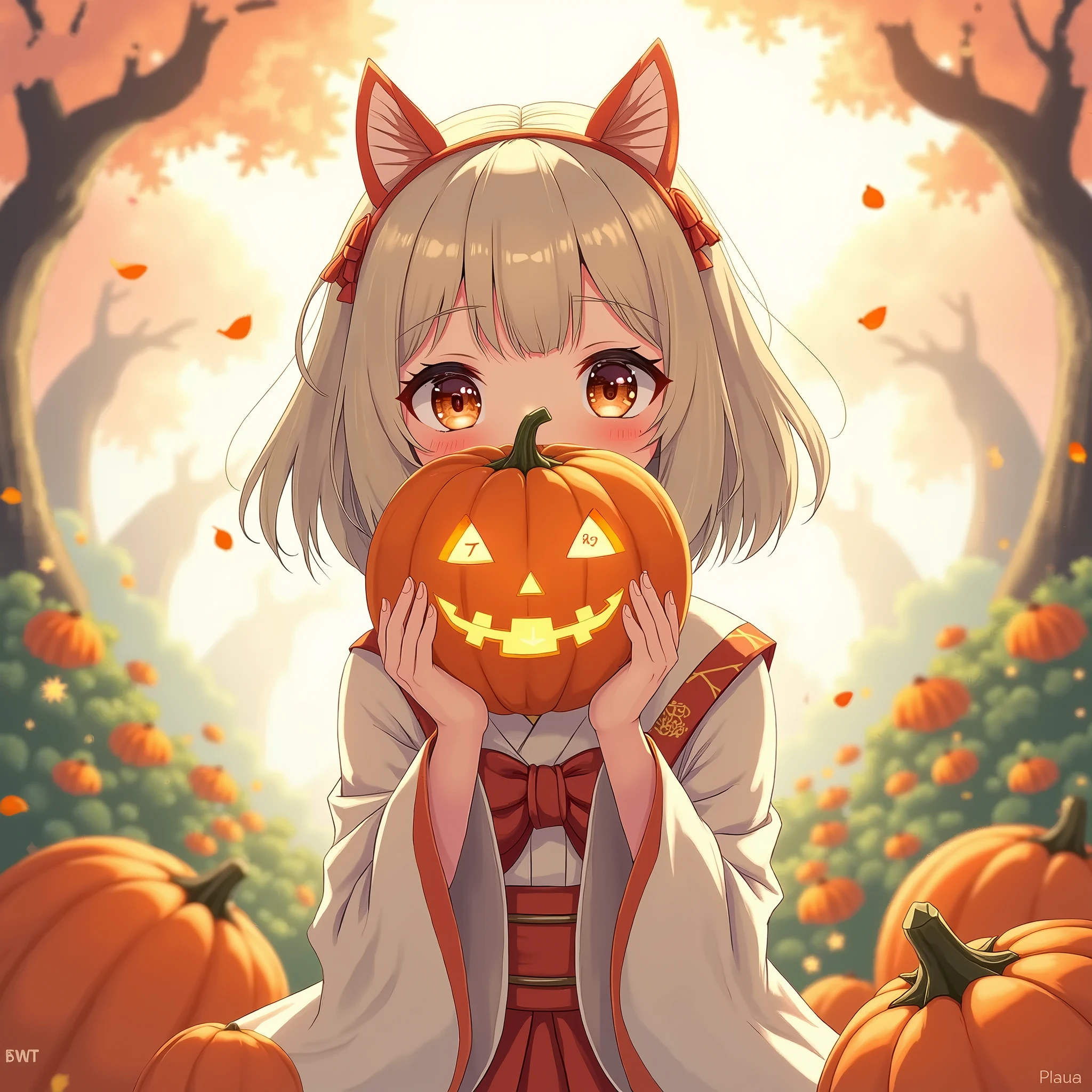 A white cat cub covered in bandages，The tail is in the right place，red pupils，Collar，halloween，nigth，pumpkins，short detailed hair，Slime covers the body，Kneeling