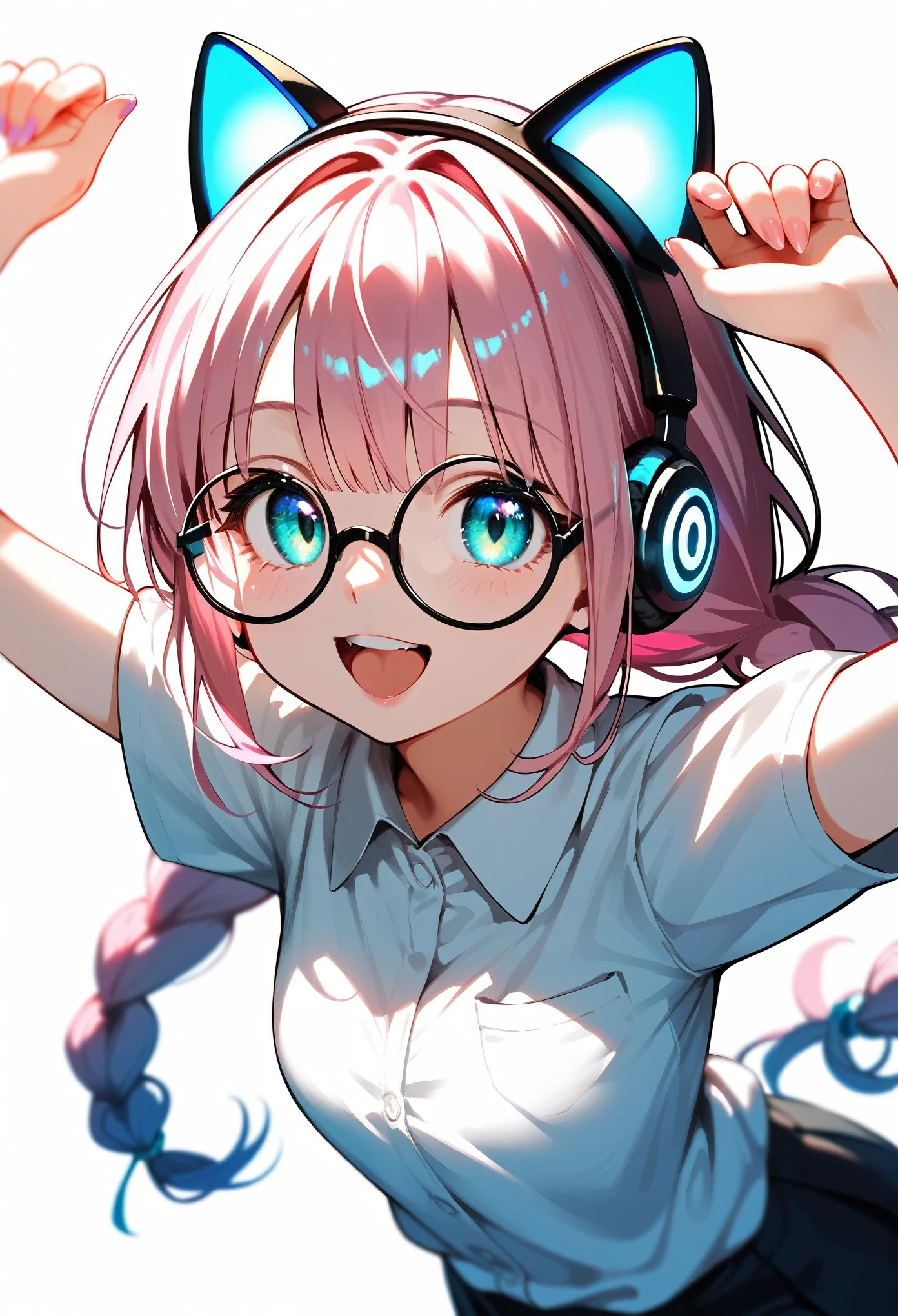 (best quality:1.2), (ultra-detailed:1.2), (2.5D:1.2), (Anime Moe Art Style), 1girl , pink hair, Cyan eyes, gradient eyes, twin braids, blue Glowing cat ear headphones, black round glasses, collared shirt, smile beam, open mouth, simple background, white background, face focus, from above, cowboy shot, arms raised in the air, top margin:1.5