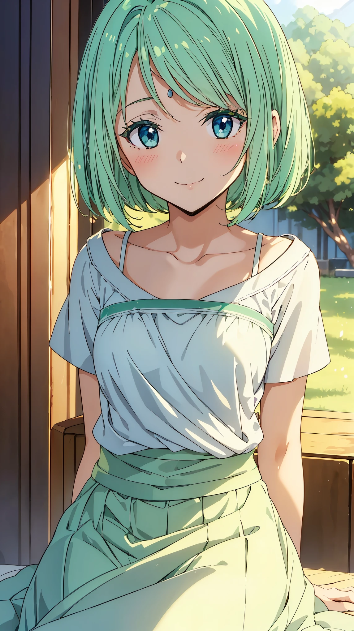 16K、masterpiece、High resolution、((Myulan))、Medium chest、Green Hair、(short hair)、((Summer clothes、White long skirt))、blush、smile、(Angle from below)、