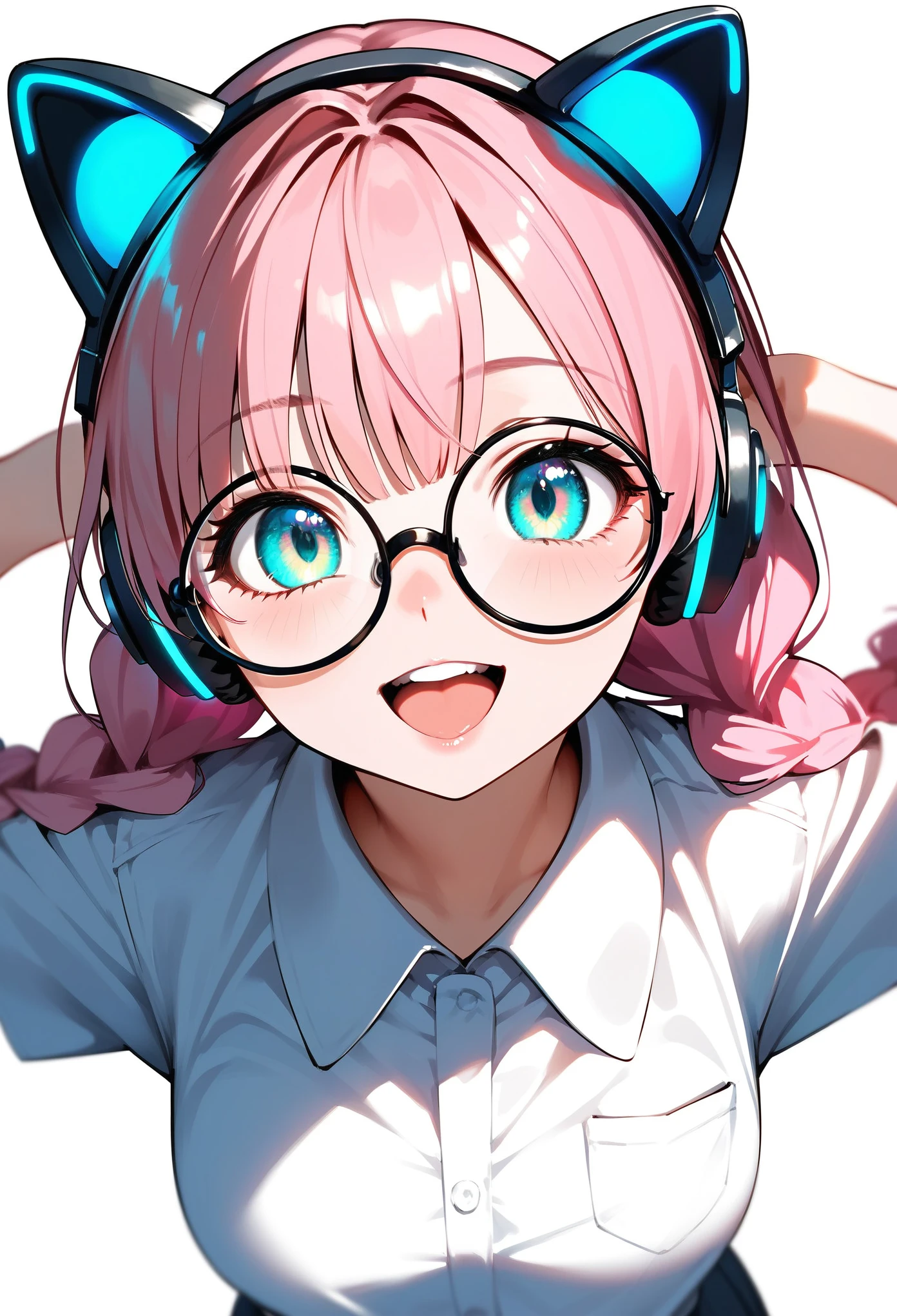 (best quality:1.2), (ultra-detailed:1.2), (2.5D:1.2), (Anime Moe Art Style), 1girl , pink hair, Cyan eyes, gradient eyes, twin braids, blue Glowing cat ear headphones, black round glasses, collared shirt, smile beam, open mouth, simple background, white background, face focus, from above, cowboy shot, arms raised in the air, top margin:1.5