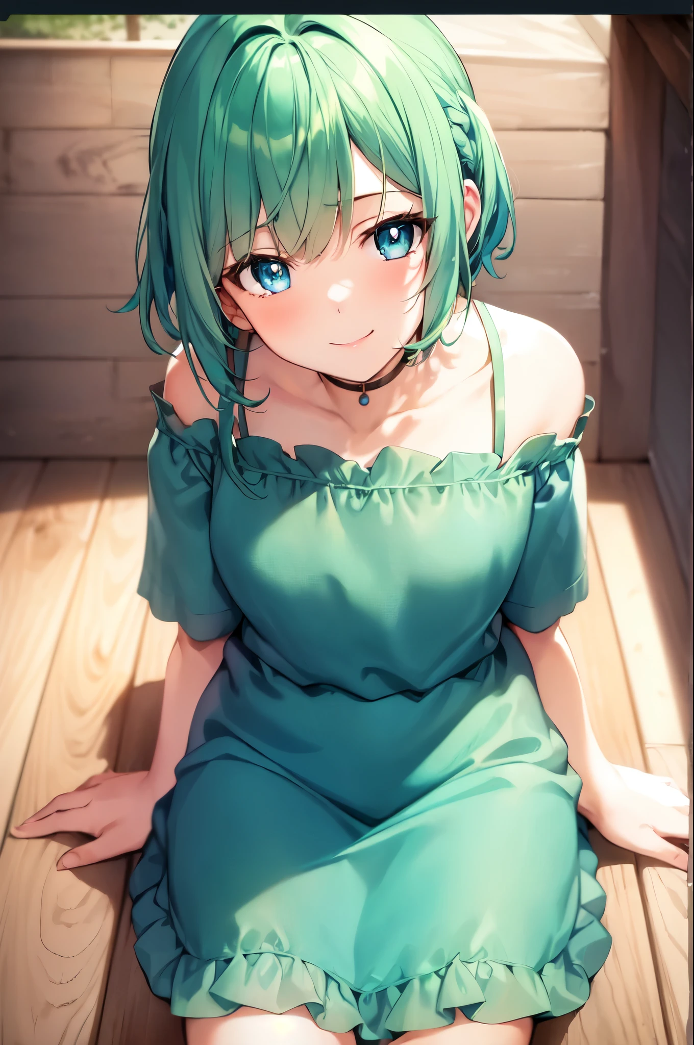 a girl , blue+green color dress sitting , smiling while looking down