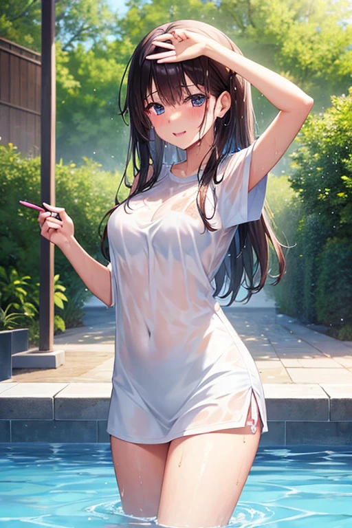 1 girl, single, blue sky, (((wet white shirt)))), ((no bra))))), exposed shoulders and entire navel, no pants, ((((wet thin line thong panties)))), almost completely naked, nsfw, panties almost transparent, (((delicate private details)), (((thin line thong panties))))