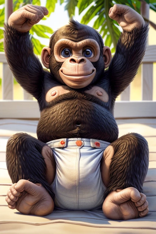 gorilla baby, in beautiful clothes, with a pacifier in his mouth, on a solid blue background, cartoon style