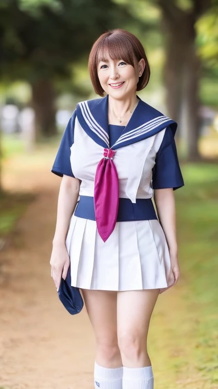 Japanese Mature,(60 years old:1.2),White skin,(Plump figure,Large Breasts,Emphasizes plump thighs:1.1),(Japanese high school uniform,Sailor suit,neckerchief,Ultra short micro mini skirt,Short socks,Wearing loafers:1.2),Wearing earrings,(Standing in the park,Full body shot from head to toe:1.2),Mature woman wearing high school uniform,full body,looking at viewer,smile,surrealism, depth of field, from below, Sony FE, 8k