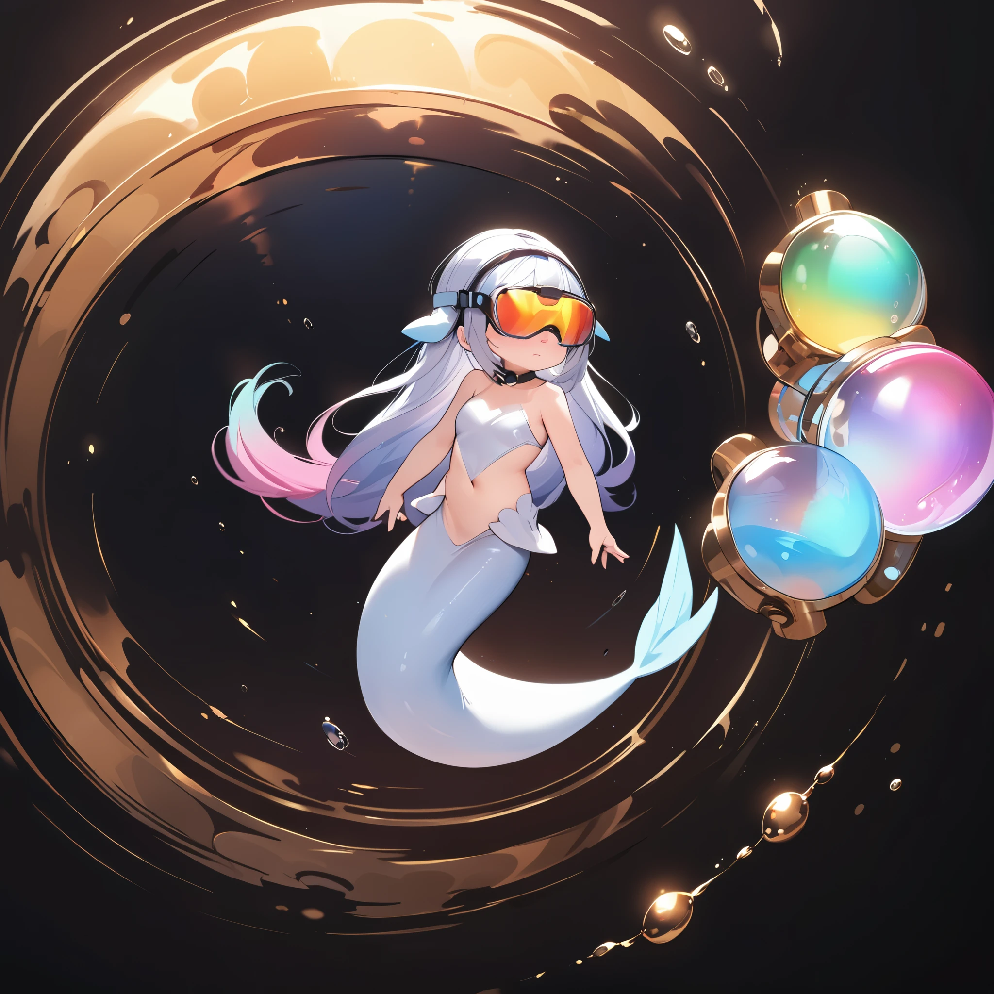 (Minimal Deformation, Simple Art),solo, 1girl\(((mermaid)),(lower-body is dolphin-tail:1.6),realistic dolphin costume, cute, diver, ((white)) dolphin costume,detailed Holographically reflective snorkel, Fantastic rainbow-colored oxygen cylinder, full body\), Colorful gradient, simple Black background, BREAK ,quality\(masterpiece, best quality,8k,wallpaper of extremely detailed CG unit, high resolution, top-quality, top-quality real texture skin, hyper realistic, increase the resolution, RAW photos, best quality, highly detailed, the wallpaper,golden ratio\),correct fingers