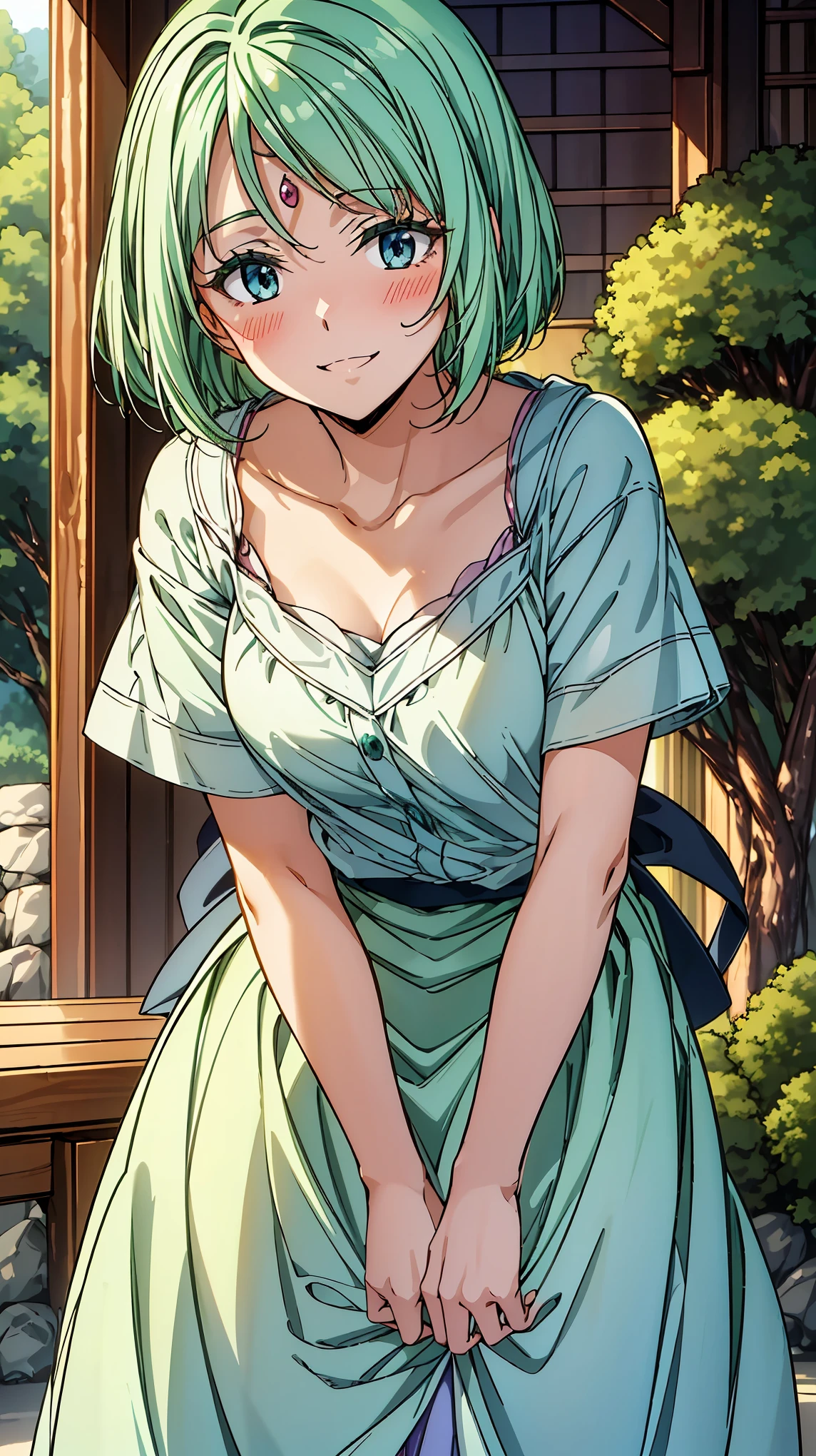 16K、masterpiece、High resolution、((Myulan))、Medium chest、Green Hair、(short hair)、((Summer clothes、White long skirt))、blush、smile、(Angle from below)、