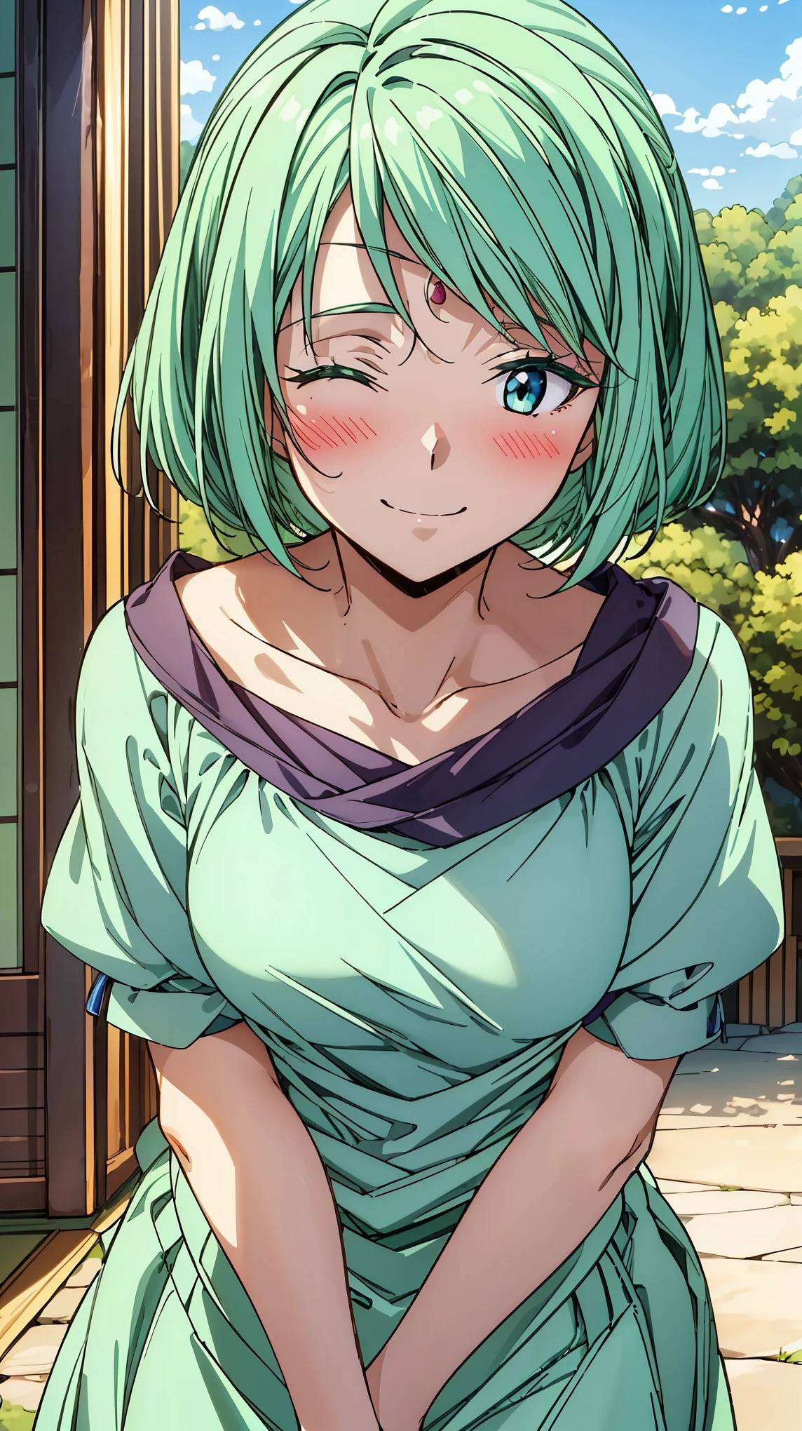 16K、masterpiece、High resolution、((Myulan))、Medium chest、Green Hair、(short hair)、((Summer clothes、White long skirt))、blush、smile、(Angle from below)、