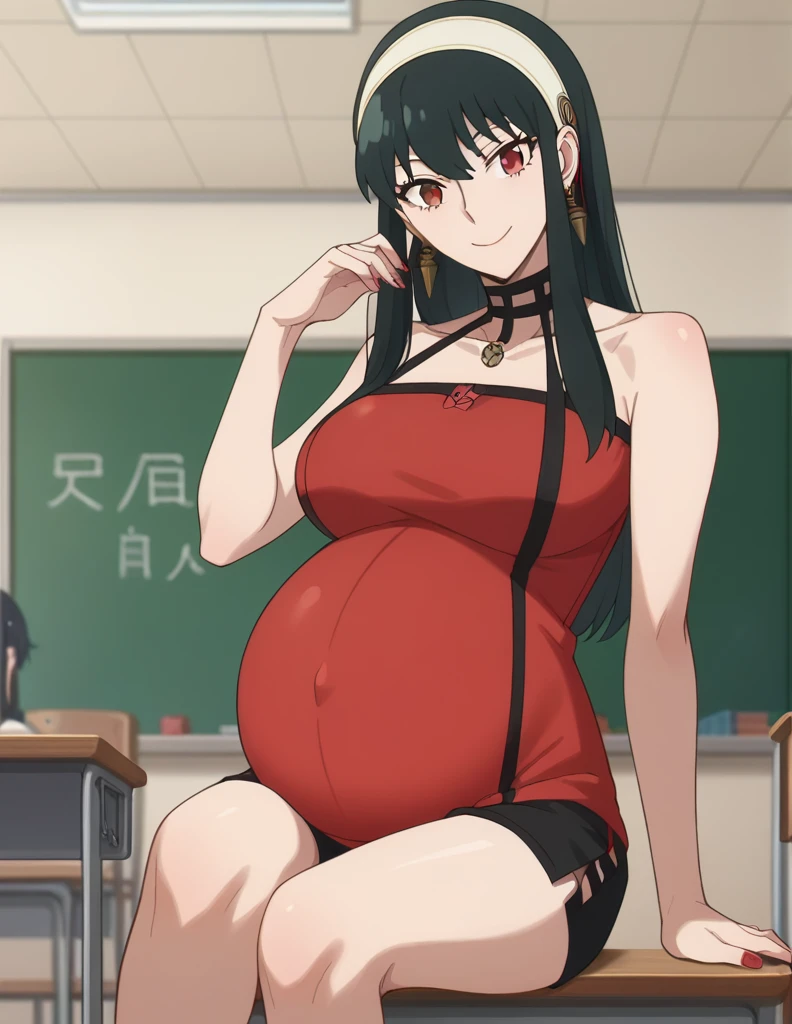 score_9, score_8_up, score_7_up, source_anime,
yorbriar, yor briar, black hair, red eyes, earrings, white hairband, hairband, long hair, sidelocks,
bare shoulders, Dress, shorts, Posing, sitting,
Classroom, smile, Posing, Nail polish,
looking at viewer, dutch angle, cowboy shot, pregnant, huge belly, large belly, Big breasts, belly button, 