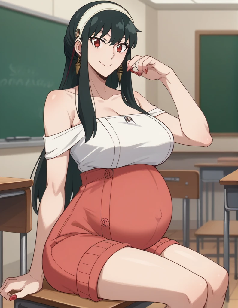 score_9, score_8_up, score_7_up, source_anime,
yorbriar, yor briar, black hair, red eyes, earrings, white hairband, hairband, long hair, sidelocks,
bare shoulders, Dress, shorts, Posing, sitting,
Classroom, smile, Posing, Nail polish,
looking at viewer, dutch angle, cowboy shot, pregnant, huge belly, large belly, Big breasts, belly button, 