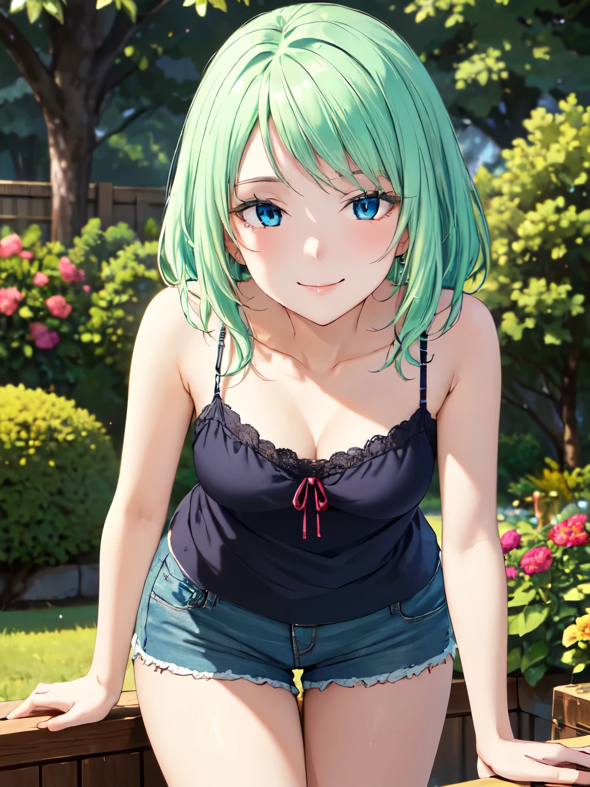 Highest quality、High resolution、whole body、One Girl、mjurran 、 Green Hair、Shortcuts、Beautiful and attractive blue eyes、Highly detailed face、smile、Closed Mouth、smile,garden、Absolute reference to the center、camisole、Shorts、4Ｋ，8Ｋ,(Genuine、Genuine ambition、写真Genuine ambition:1.5）、High resolution、超High resolution、Ultra High Resolution Painting、Cowboy Shot、Leaning forward、Beautiful thighs、