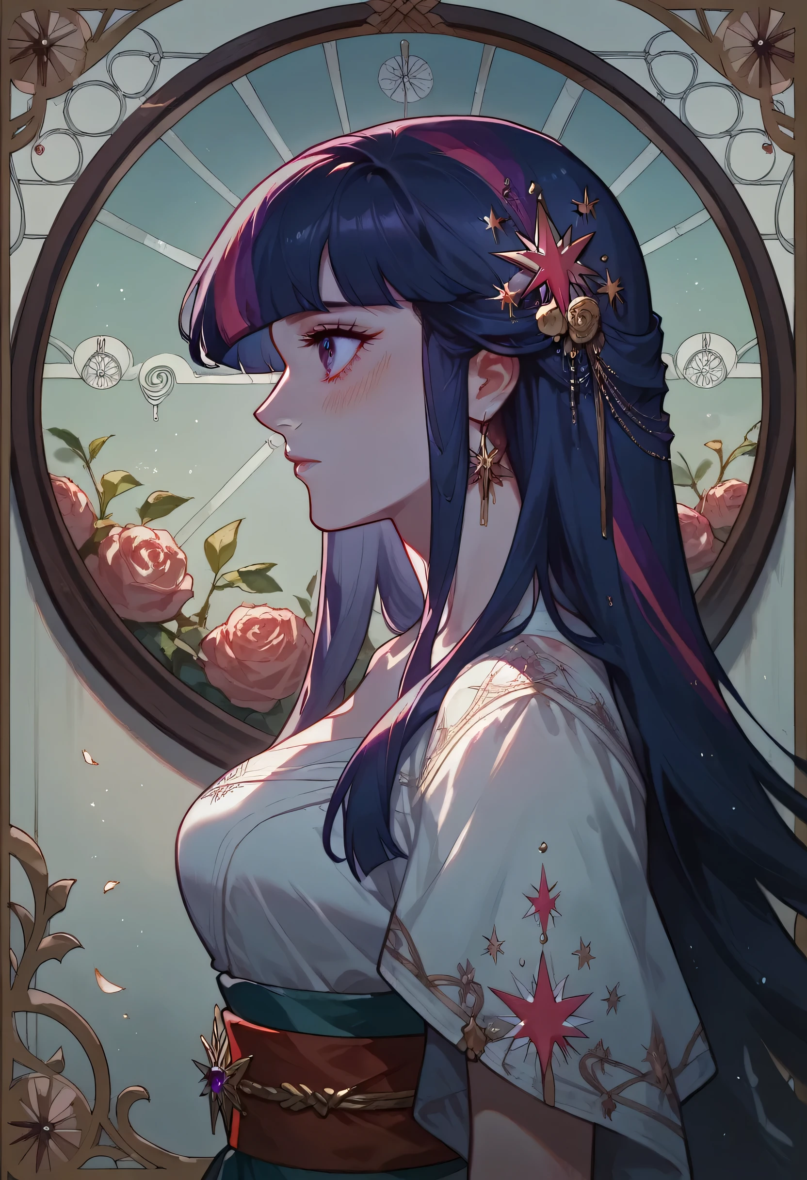 Art Nouveau Style, poster in a theater, (art by wes anderson), upper body, blush, profile ,(masterpiece, finely detailed beautiful eyes: 1.2), 1girl, solo,bangs, sash,red sash, beautiful, small details, ultra detailed, best quality, intricate, sharp, digital illustration, detailed,large breast ,Twilight Sparkle, Blue hair, Purple hair, purple eyes,long hair, Expressiveh
