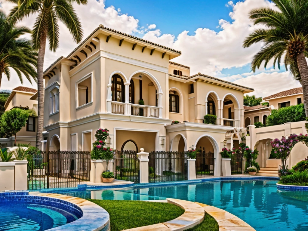 best quality, highres, ultra-detailed, realistic:1.37, luxurious villa, Middle Eastern style, detailed architecture, vibrant colors, sunlight, beautiful gardens, ornate decorations, fountain, palm trees, grand entrance, marble flooring, intricate patterns, arched windows, spacious rooms, comfortable furniture, chandeliers, mosaic tiles, lush greenery, panoramic views, serene atmosphere, calm reflection, elegant courtyard, terraces, traditional elements, tranquil pool, inviting outdoor seating, harmonious design, warm and inviting, exotic charm