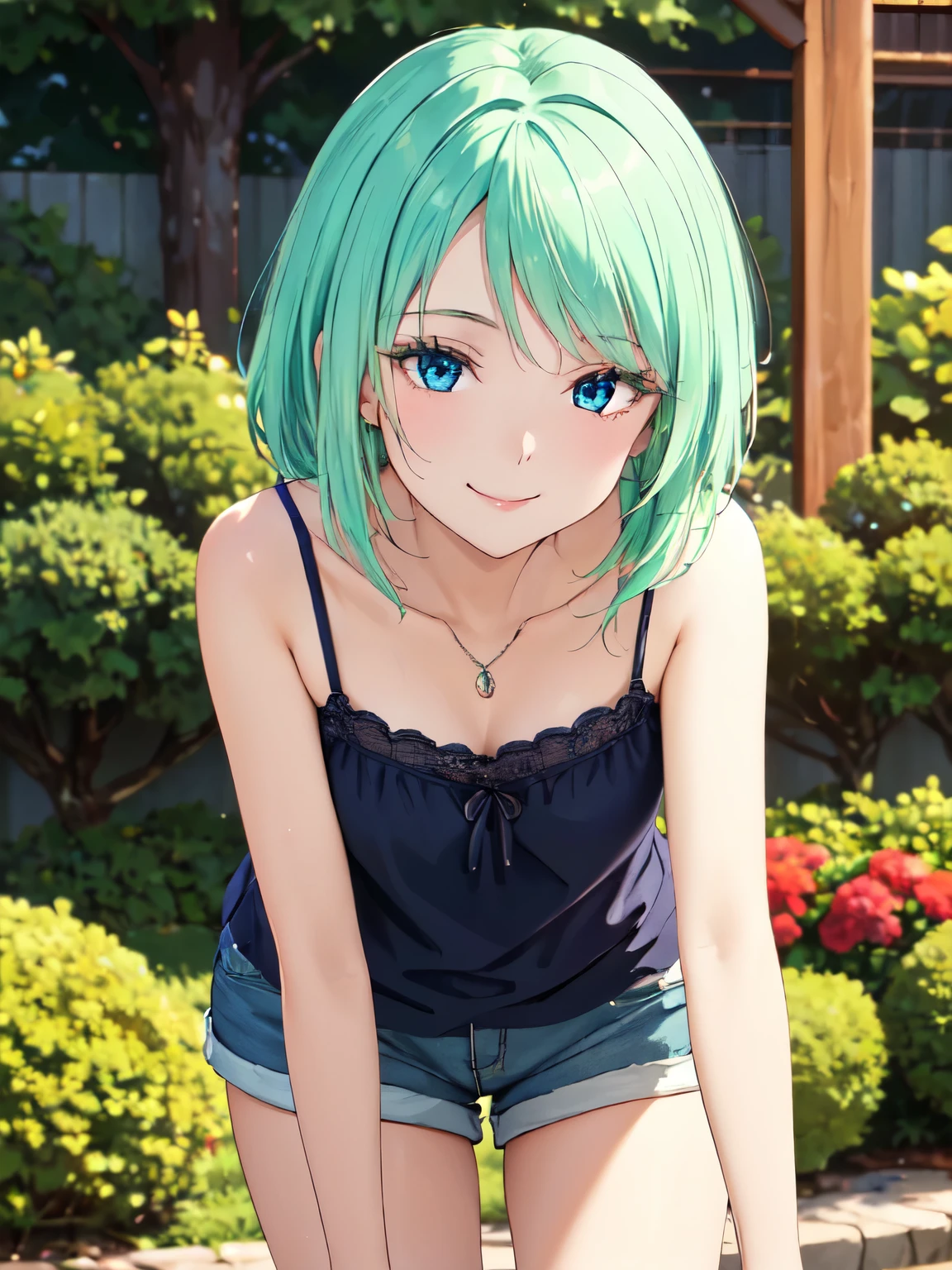 Highest quality、High resolution、whole body、One Girl、mjurran 、 Green Hair、Shortcuts、Beautiful and attractive blue eyes、Highly detailed face、smile、Closed Mouth、smile,garden、Absolute reference to the center、camisole、Shorts、4Ｋ，8Ｋ,(Genuine、Genuine ambition、写真Genuine ambition:1.5）、High resolution、超High resolution、Ultra High Resolution Painting、Cowboy Shot、Leaning forward、Beautiful thighs、