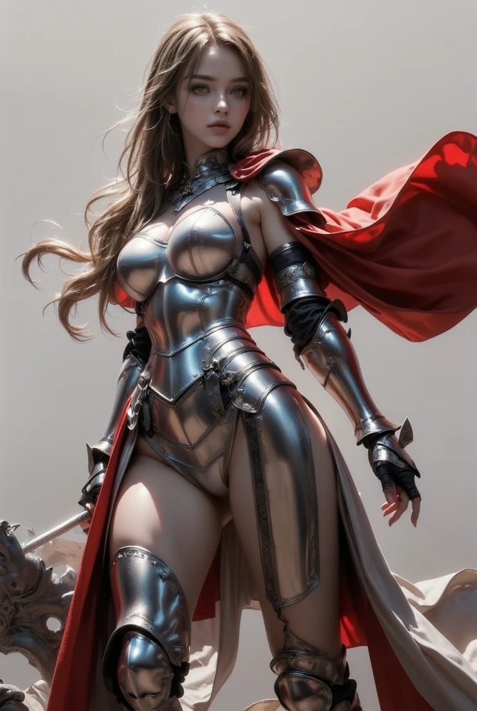 A movie poster depicting a female knight wielding a sword on a battlefield with the words "FLUX" written in large letters in the center, ((masterpiece, top quality, high resolution, highly detailed CG unified 8K wallpaper)), (huge stunning goddess shot, very hot and sexy, jaw dropping beauty, perfect proportions, beautiful body, slim body beauty:1.3), (A medieval female knight in luminous armor:1.5), (Her long blond hair is tied back, Wearing armor on bare skin, red cape on back, harnessed in finely crafted, detailed armor, with a sword hanging from a thick belt:1.5), Visible thighs, view from above, female knight,