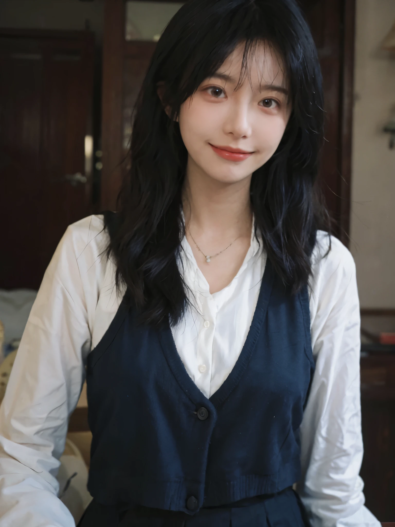 best qualtiy，tmasterpiece，超高分辨率，（realisticlying：1.4），1girll， (Make a smile), Watery eyes, Highly Detailed Face and Skin Textur,  二重まぶた, Whitens the skin, (black uniforms: 1.4), (white stockings: 1.4),(JK style:1.4),