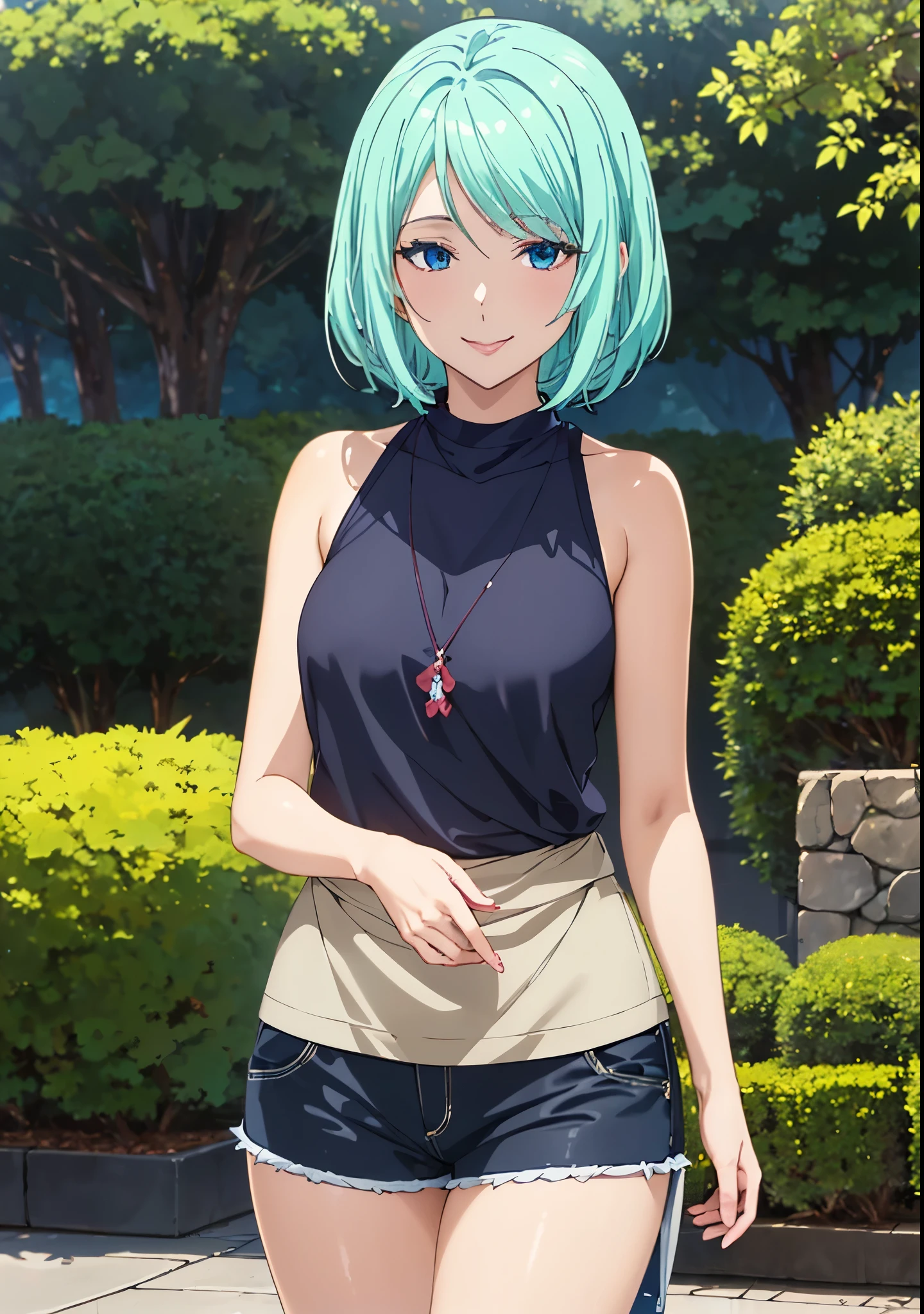 Highest quality、High resolution、whole body、One Girl、Miulan、 Green Hair、Shortcuts、camisole、Shorts、sexy、Beautiful and attractive blue eyes、Highly detailed face、smile、Mouth closed、smile,garden,Private Server、4K,8k,Extremely detailed CG、High resolution、超High resolution, Perfect lighting, Extremely detailed CG、Physically Based Rendering、(Genuine、Realisticな、Realistic)、(Anime illustration style:1.3)、Standing,Beautiful thighs、