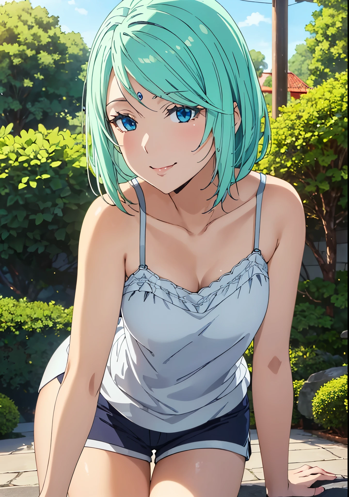 Highest quality、High resolution、whole body、One Girl、Miulan、 Green Hair、Shortcuts、camisole、Shorts、sexy、Beautiful and attractive blue eyes、Highly detailed face、smile、Mouth closed、smile,garden,Private Server、4K,8k,Extremely detailed CG、High resolution、超High resolution, Perfect lighting, Extremely detailed CG、Physically Based Rendering、(Genuine、Realisticな、Realistic)、(Anime illustration style:1.3)、Standing,Beautiful thighs、