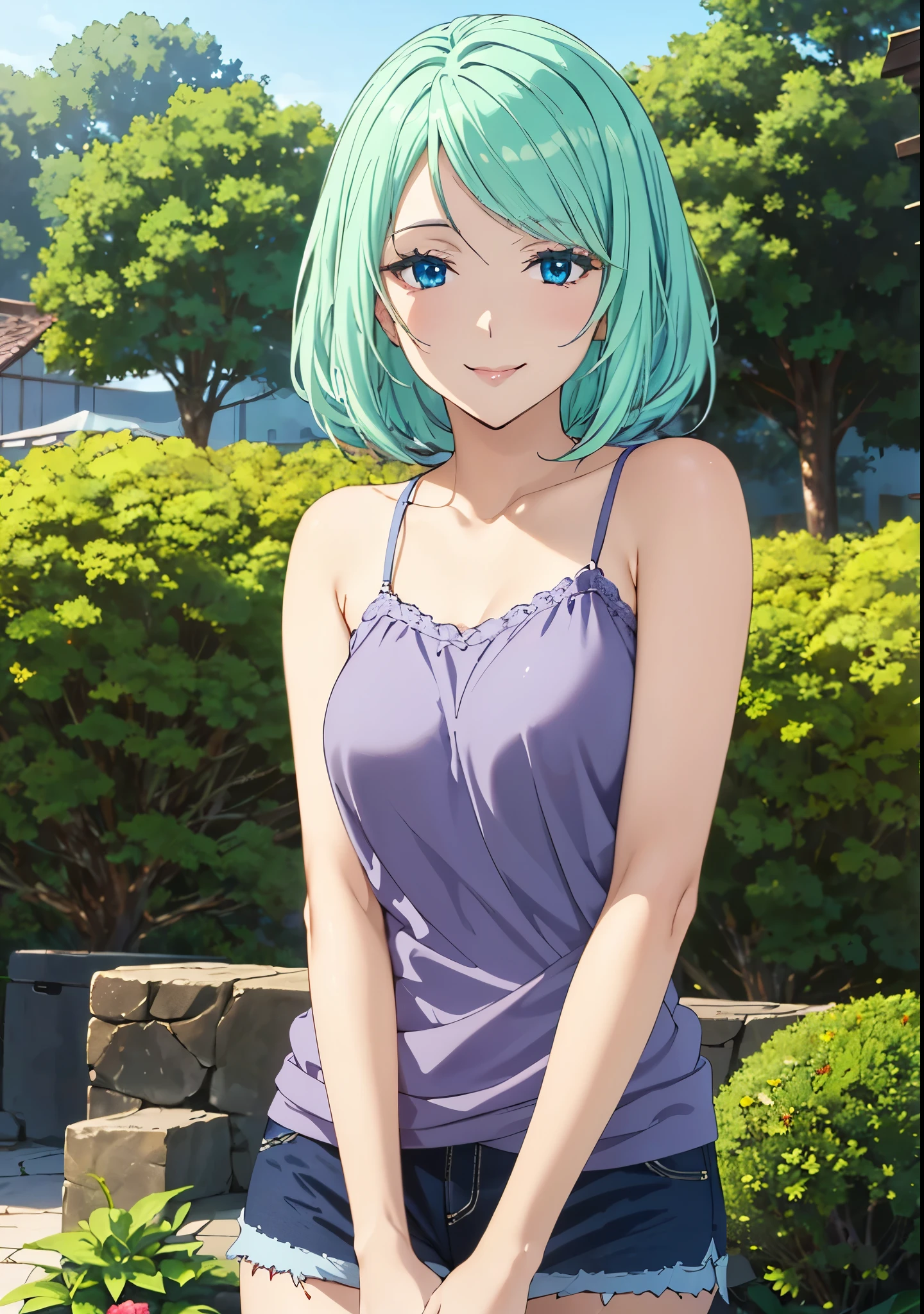 Highest quality、High resolution、whole body、One Girl、Miulan、 Green Hair、Shortcuts、camisole、Shorts、sexy、Beautiful and attractive blue eyes、Highly detailed face、smile、Mouth closed、smile,garden,Private Server、4K,8k,Extremely detailed CG、High resolution、超High resolution, Perfect lighting, Extremely detailed CG、Physically Based Rendering、(Genuine、Realisticな、Realistic)、(Anime illustration style:1.3)、Standing,Beautiful thighs、